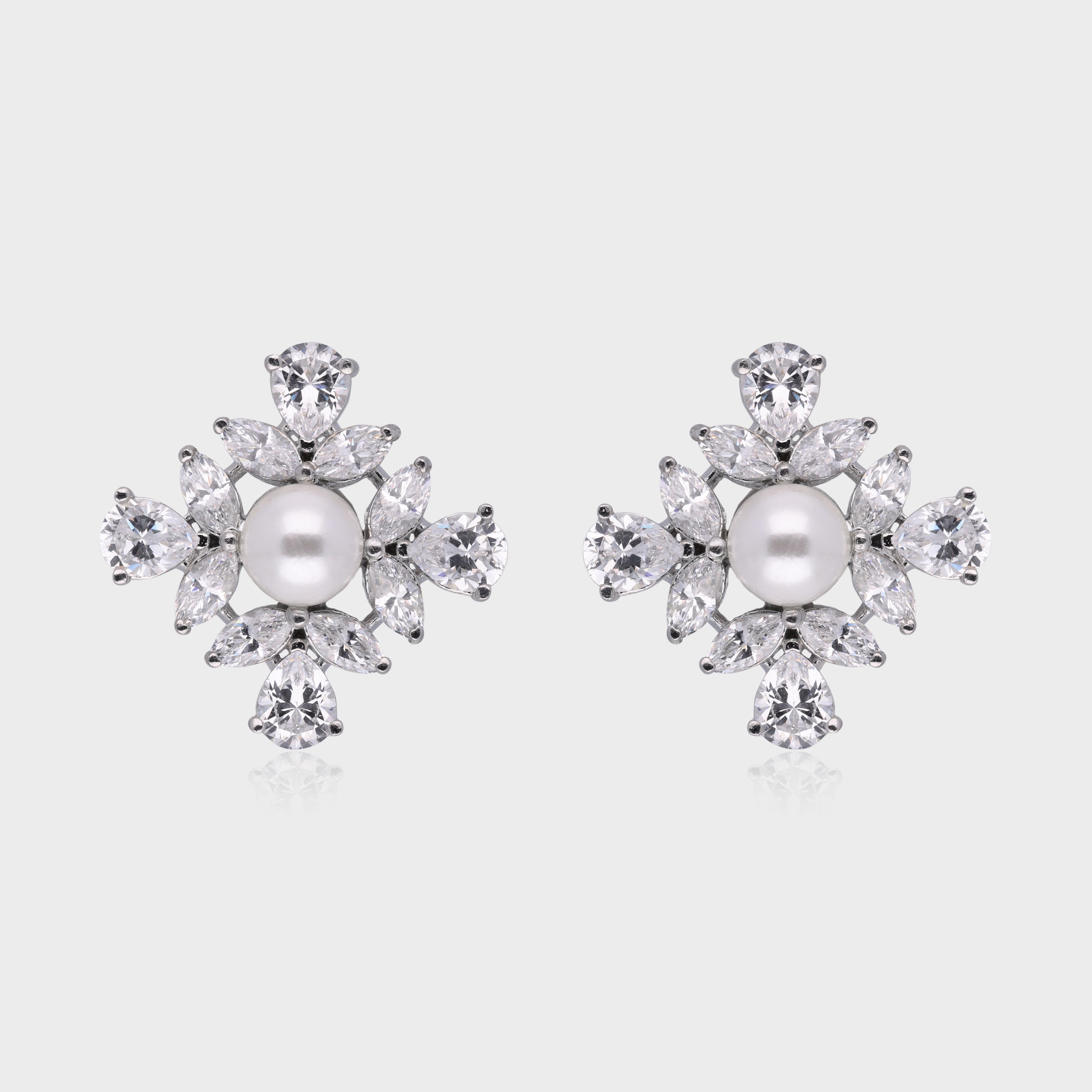 Imperial Grace: Pearl & Diamond-Inspired Floral Stud Earrings in Sterling Silver | SKU : 0003534816