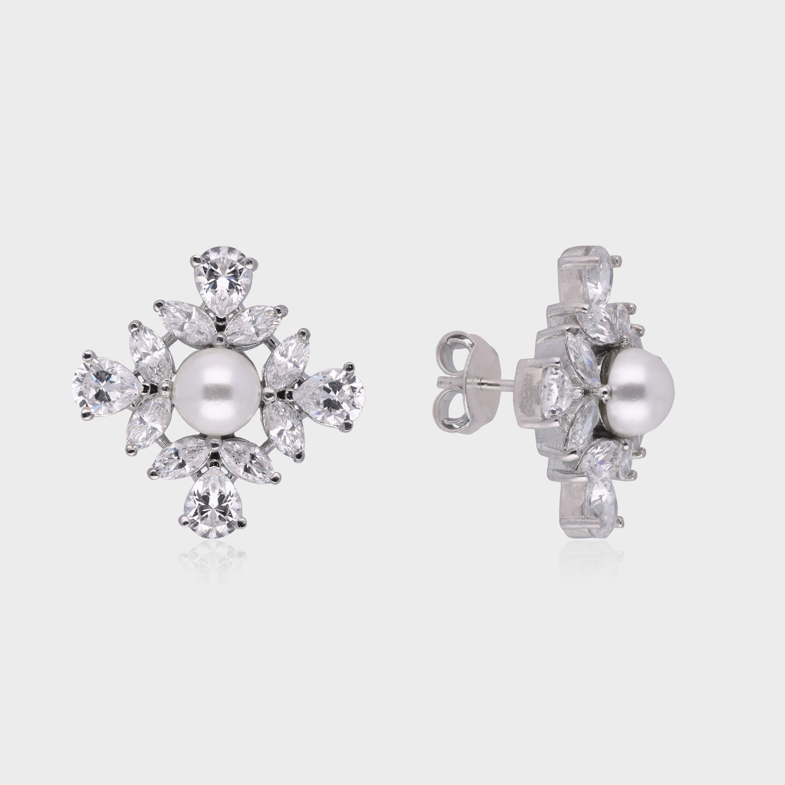 Imperial Grace: Pearl & Diamond-Inspired Floral Stud Earrings in Sterling Silver | SKU : 0003534816