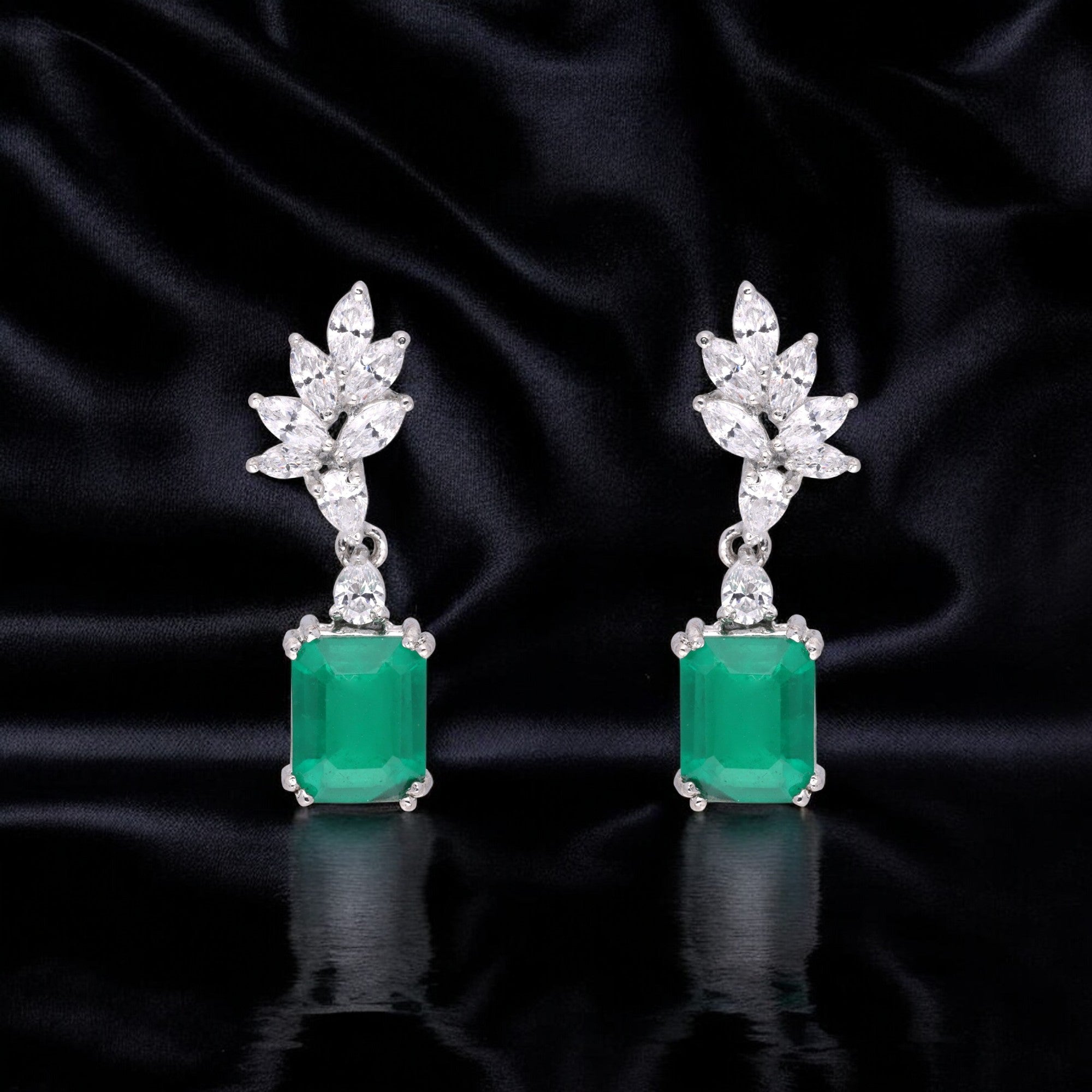 Regal Grace: Emerald-Cut Green Gemstone & Marquise Diamond-Inspired Drop Earrings | SKU : 0003534847, 0021326578, 0021326585