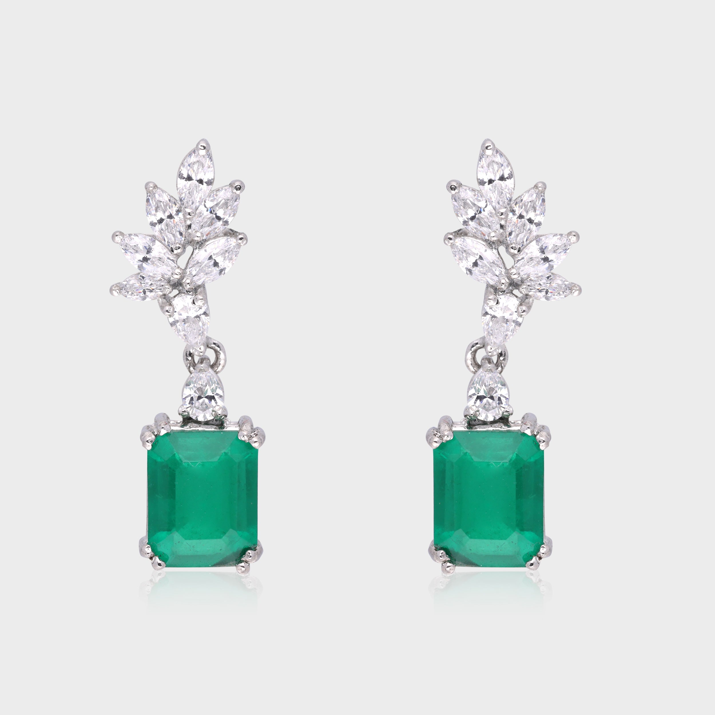 Regal Grace: Emerald-Cut Green Gemstone & Marquise Diamond-Inspired Drop Earrings | SKU : 0003534847, 0021326578, 0021326585