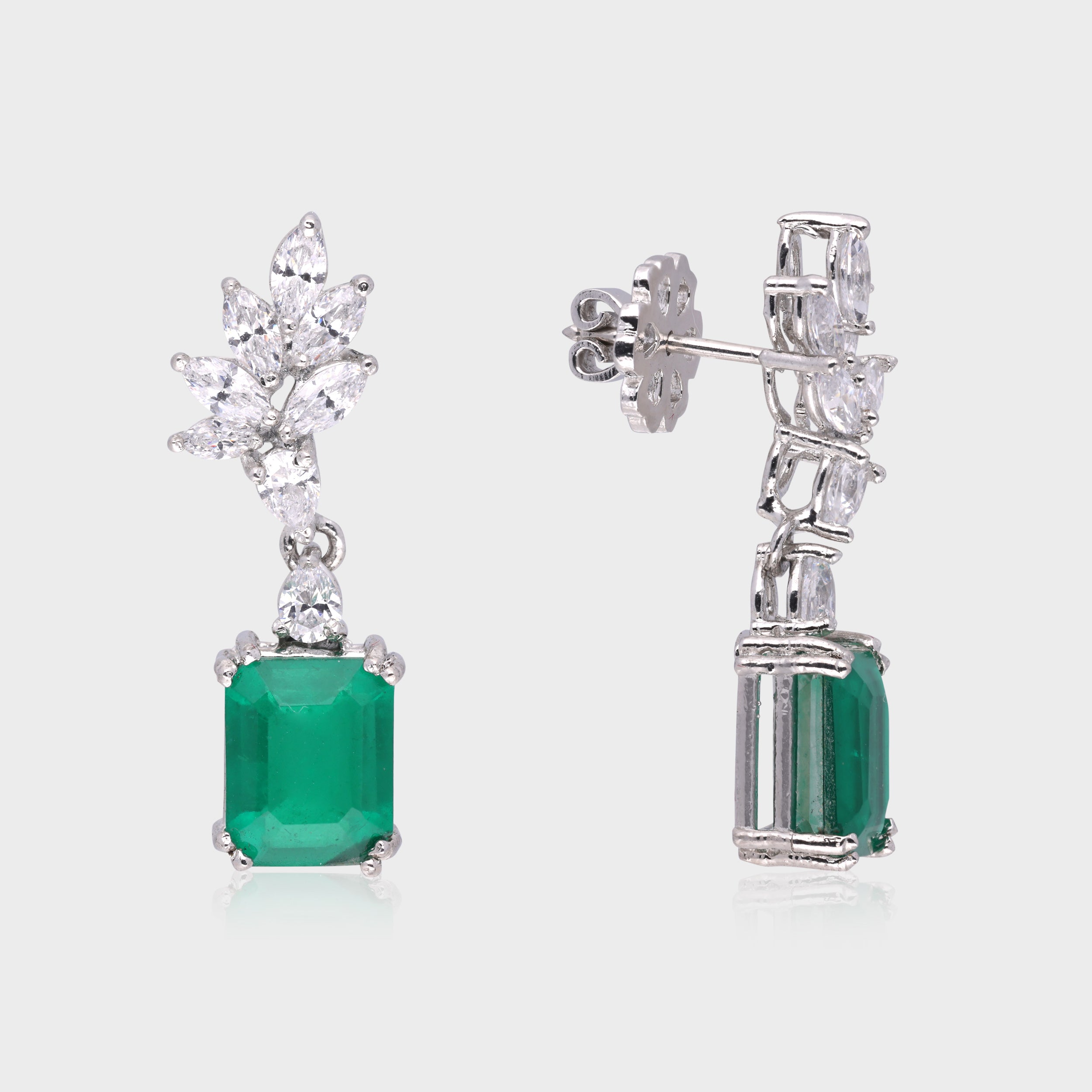 Regal Grace: Emerald-Cut Green Gemstone & Marquise Diamond-Inspired Drop Earrings | SKU : 0003534847, 0021326578, 0021326585