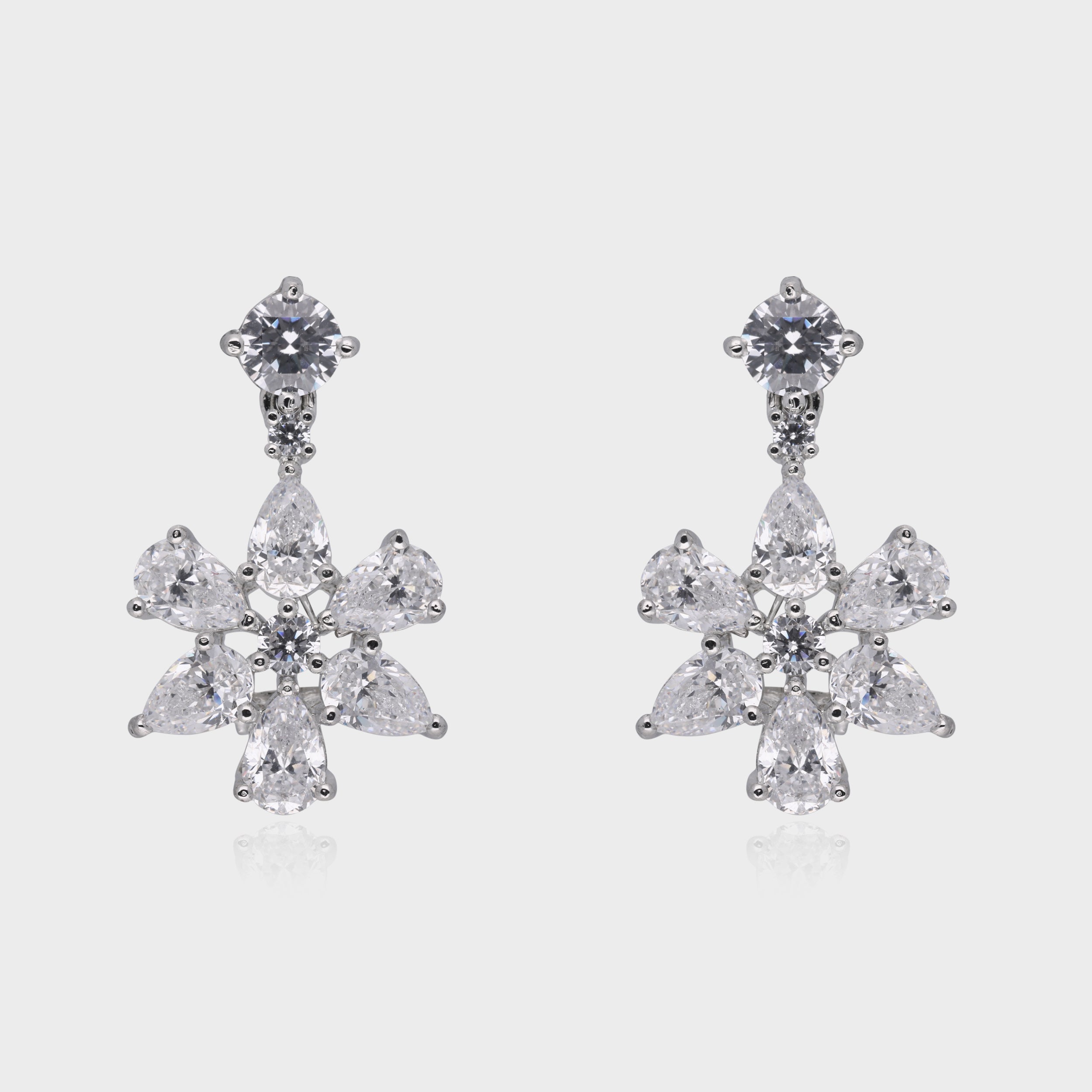 Celestial Bloom: Pear & Round-Cut White Gemstone Floral Drop Earrings in Sterling Silver | SKU : 0003534878, 0021326646, 0021326639