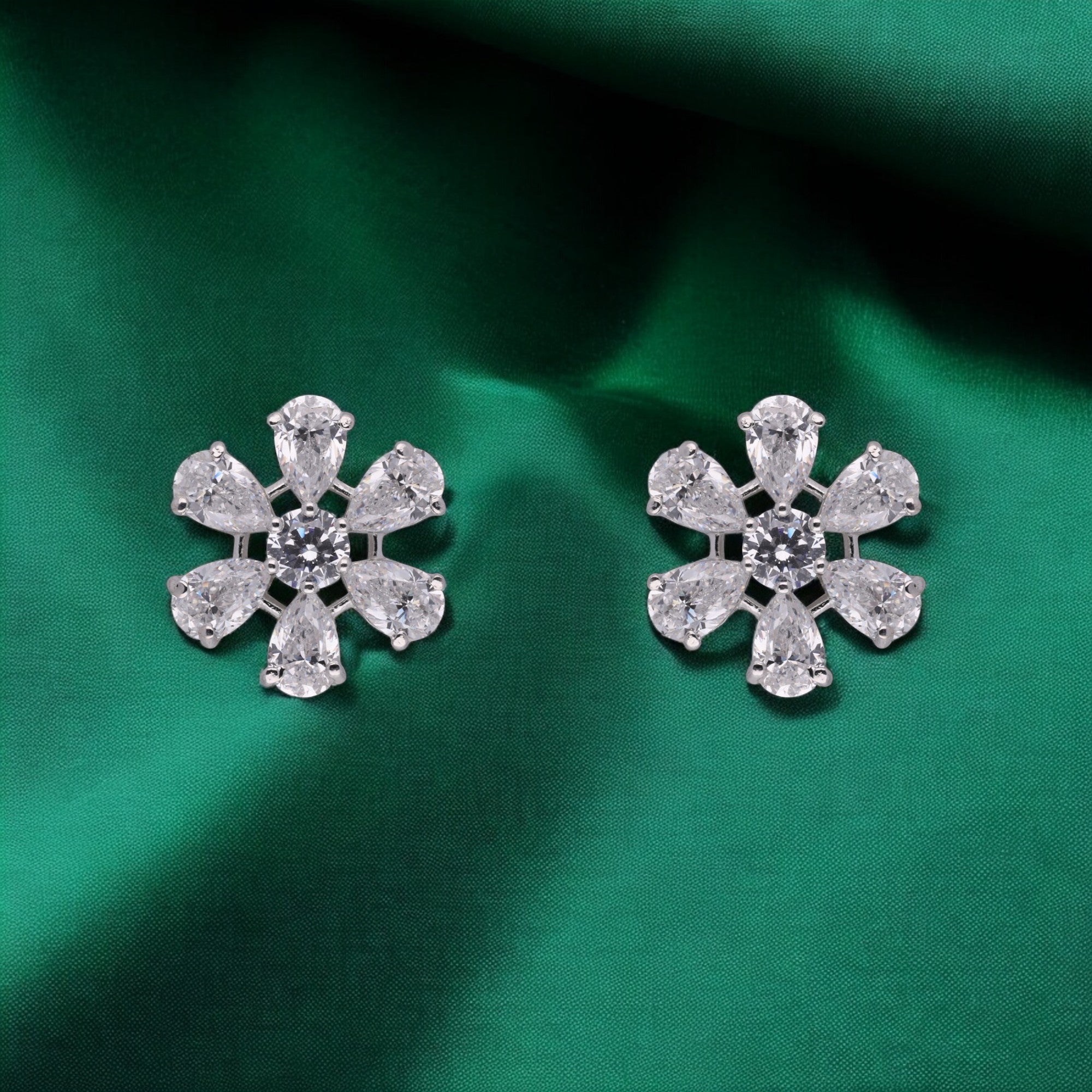 Timeless Blossom: Pear & Round-Cut White Gemstone Floral Stud Earrings in Sterling Silver | SKU : 0003534915, 0021327353