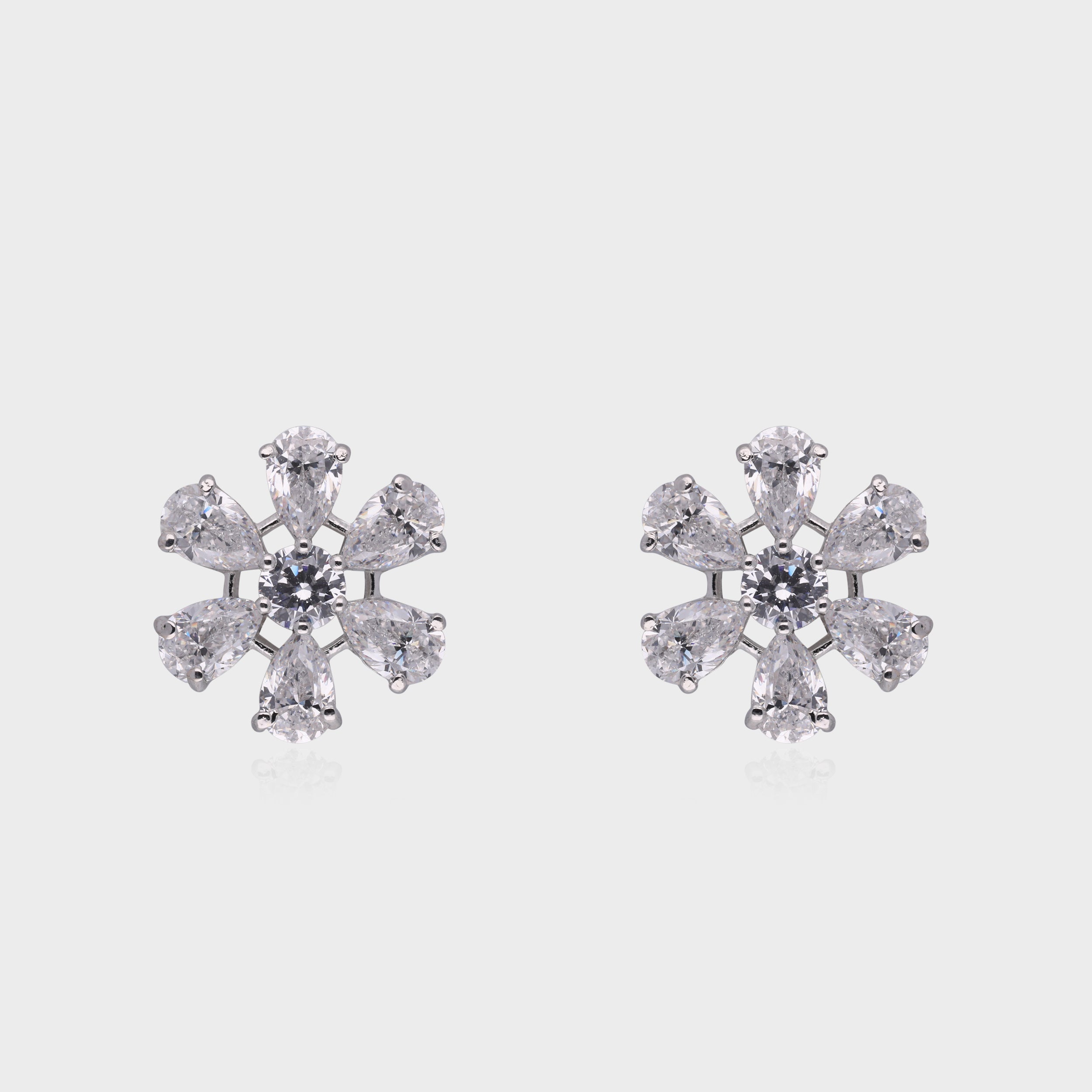 Timeless Blossom: Pear & Round-Cut White Gemstone Floral Stud Earrings in Sterling Silver | SKU : 0003534915, 0021327353