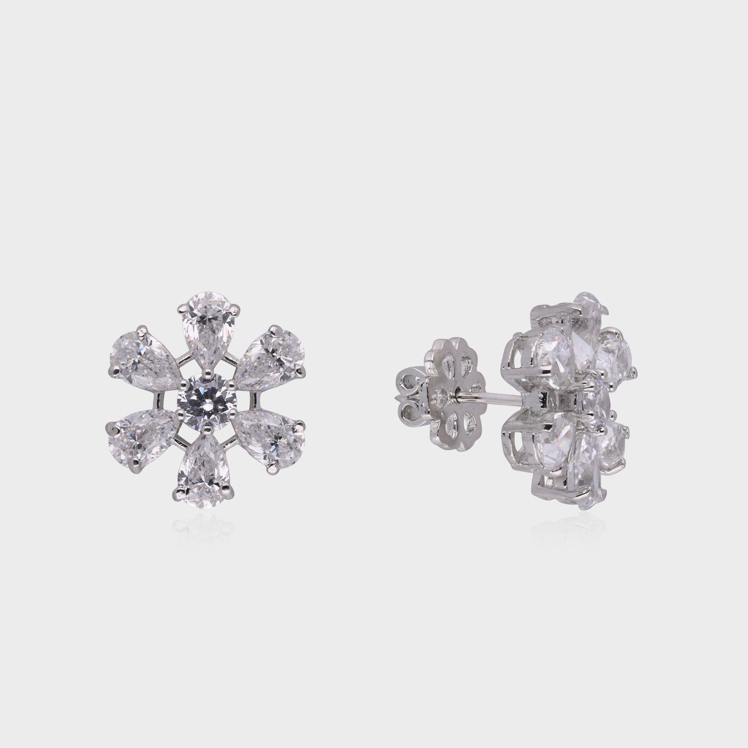 Timeless Blossom: Pear & Round-Cut White Gemstone Floral Stud Earrings in Sterling Silver | SKU : 0003534915, 0021327353