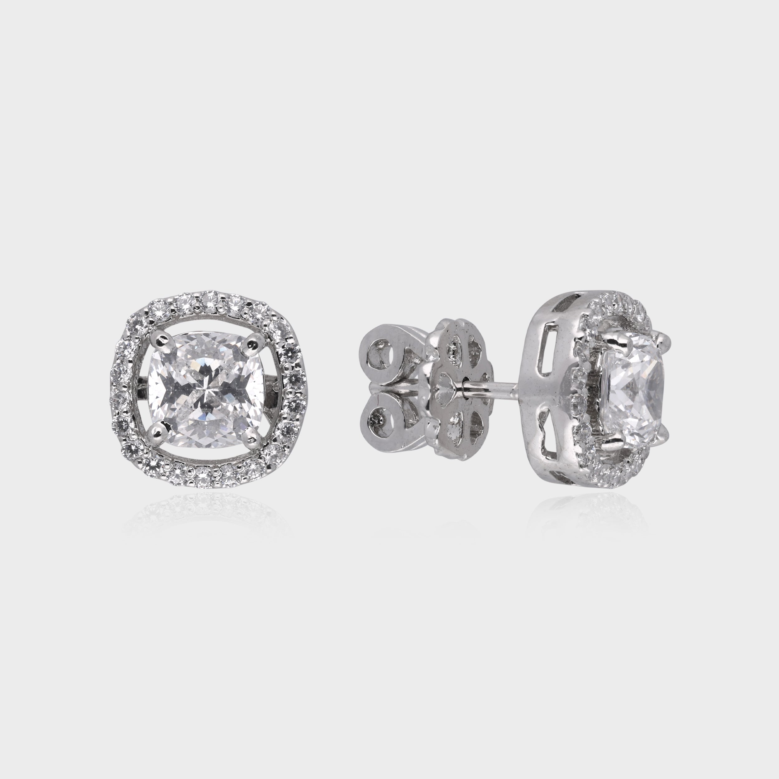 Regal Brilliance: Cushion-Cut White Gemstone Halo Stud Earrings in Sterling Silver | SKU : 0003534939