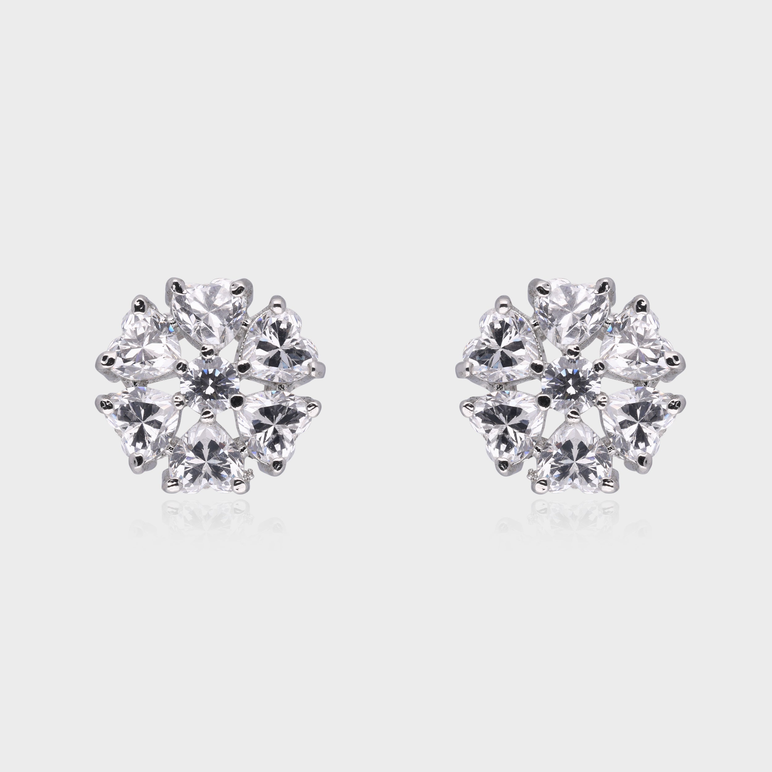 Luminescent Bloom: Trillion-Cut White Gemstone Floral Stud Earrings in Sterling Silver | SKU : 0003534946