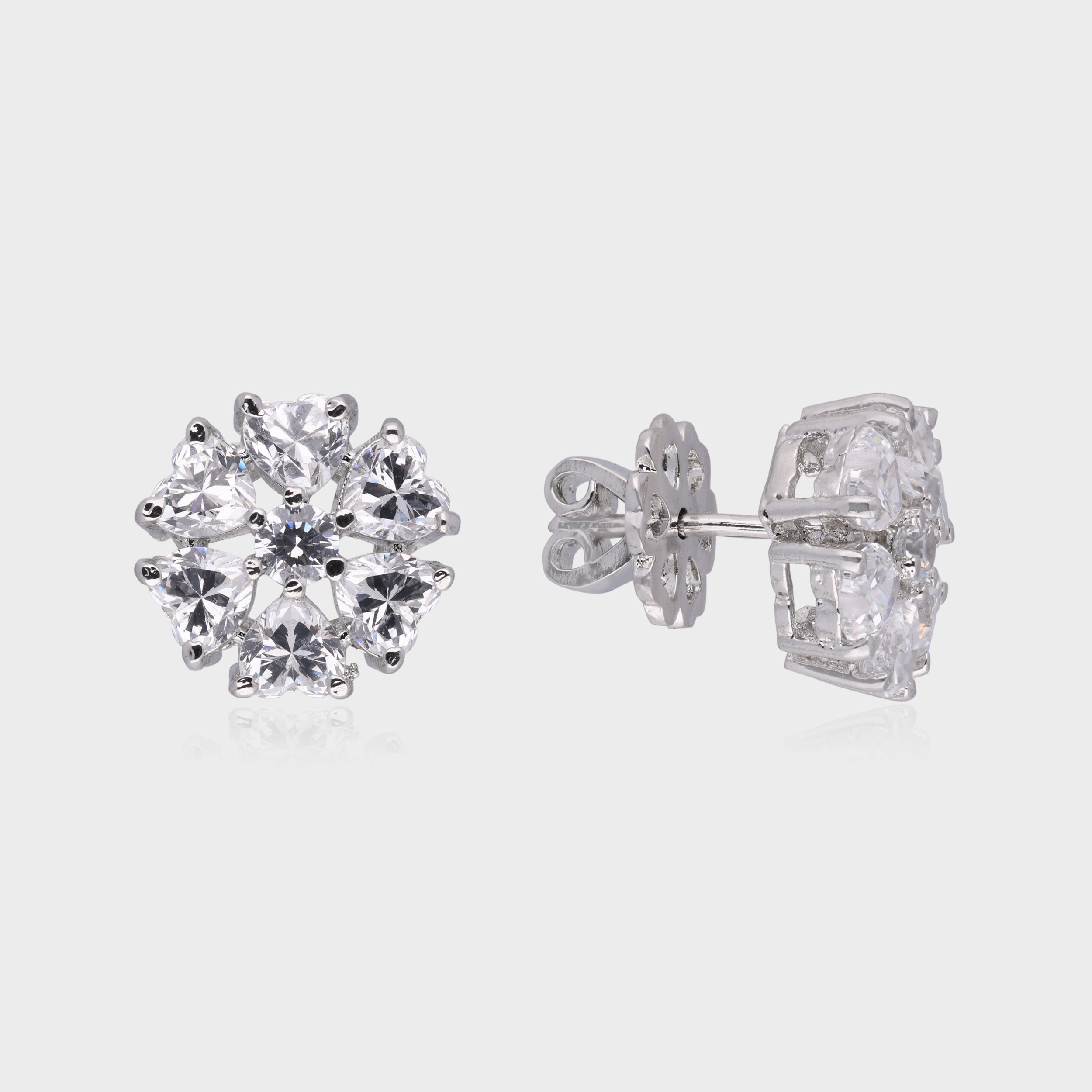 Luminescent Bloom: Trillion-Cut White Gemstone Floral Stud Earrings in Sterling Silver | SKU : 0003534946