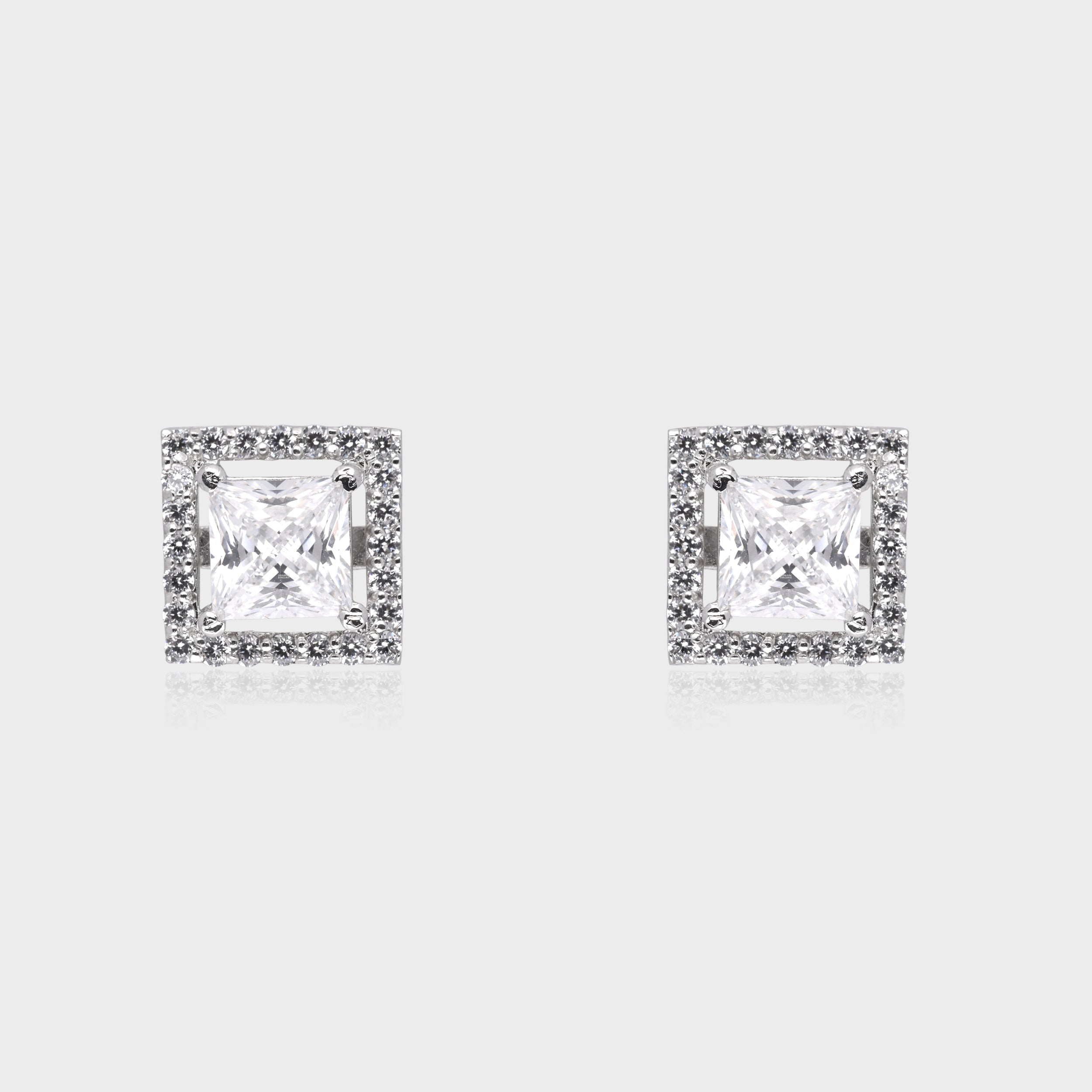 Regal Brilliance: Princess-Cut White Gemstone Halo Stud Earrings in Sterling Silver | SKU : 0003535035, 0021326950, 0021326967