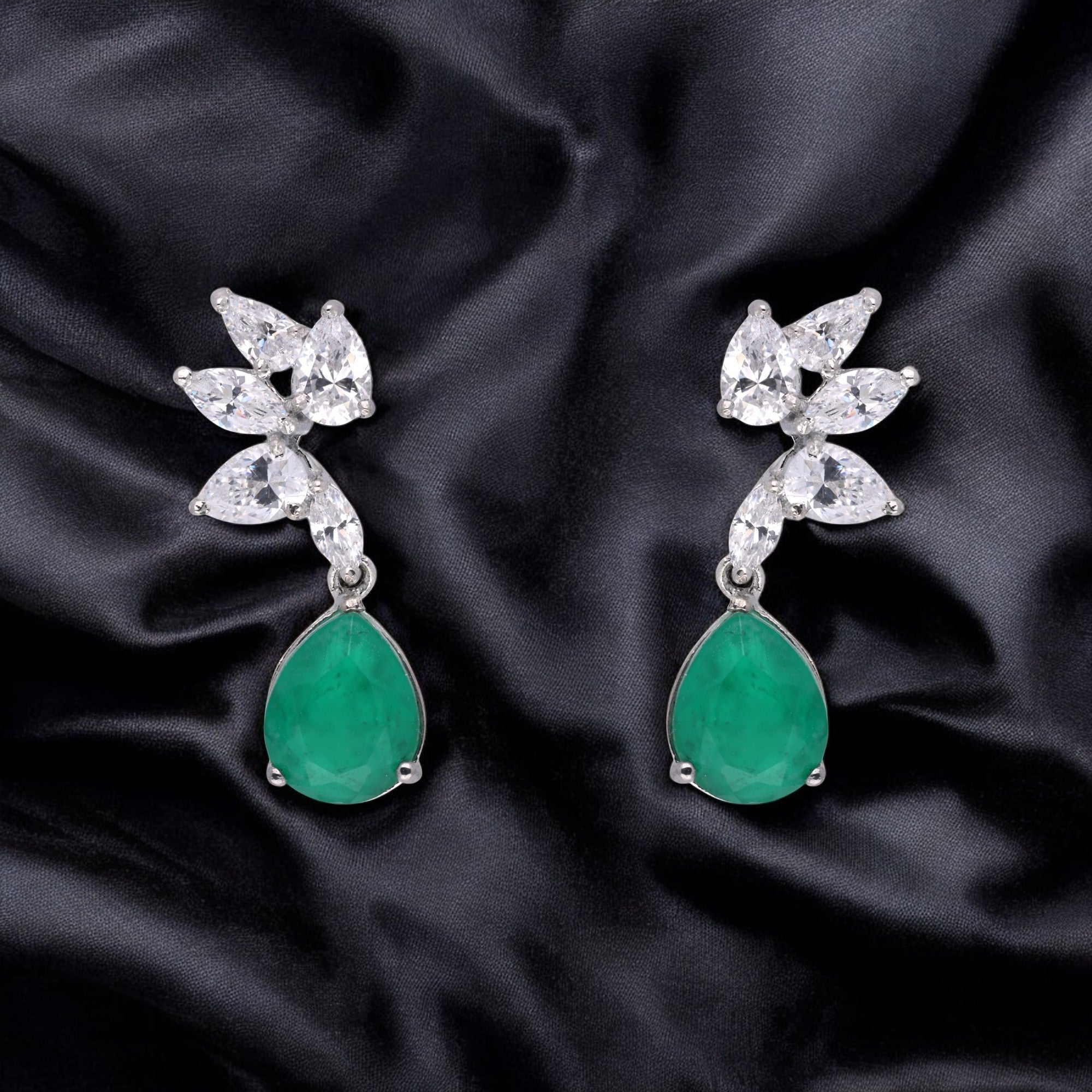 Emerald Elegance: Pear-Cut Green Gemstone & Marquise White Stone Drop Earrings | SKU : 0003535042, 0021326974, 0021326981