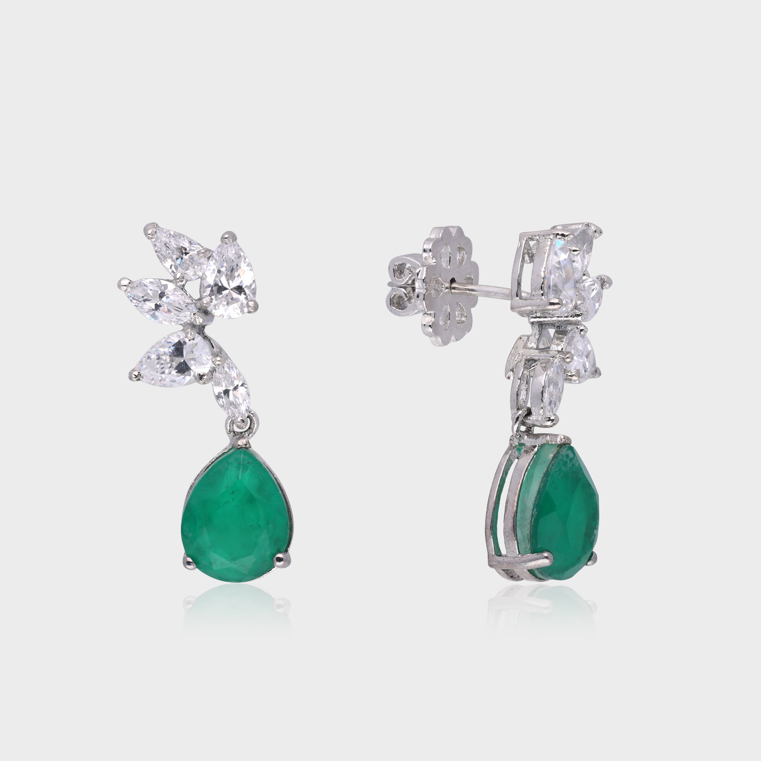 Emerald Elegance: Pear-Cut Green Gemstone & Marquise White Stone Drop Earrings | SKU : 0003535042, 0021326974, 0021326981