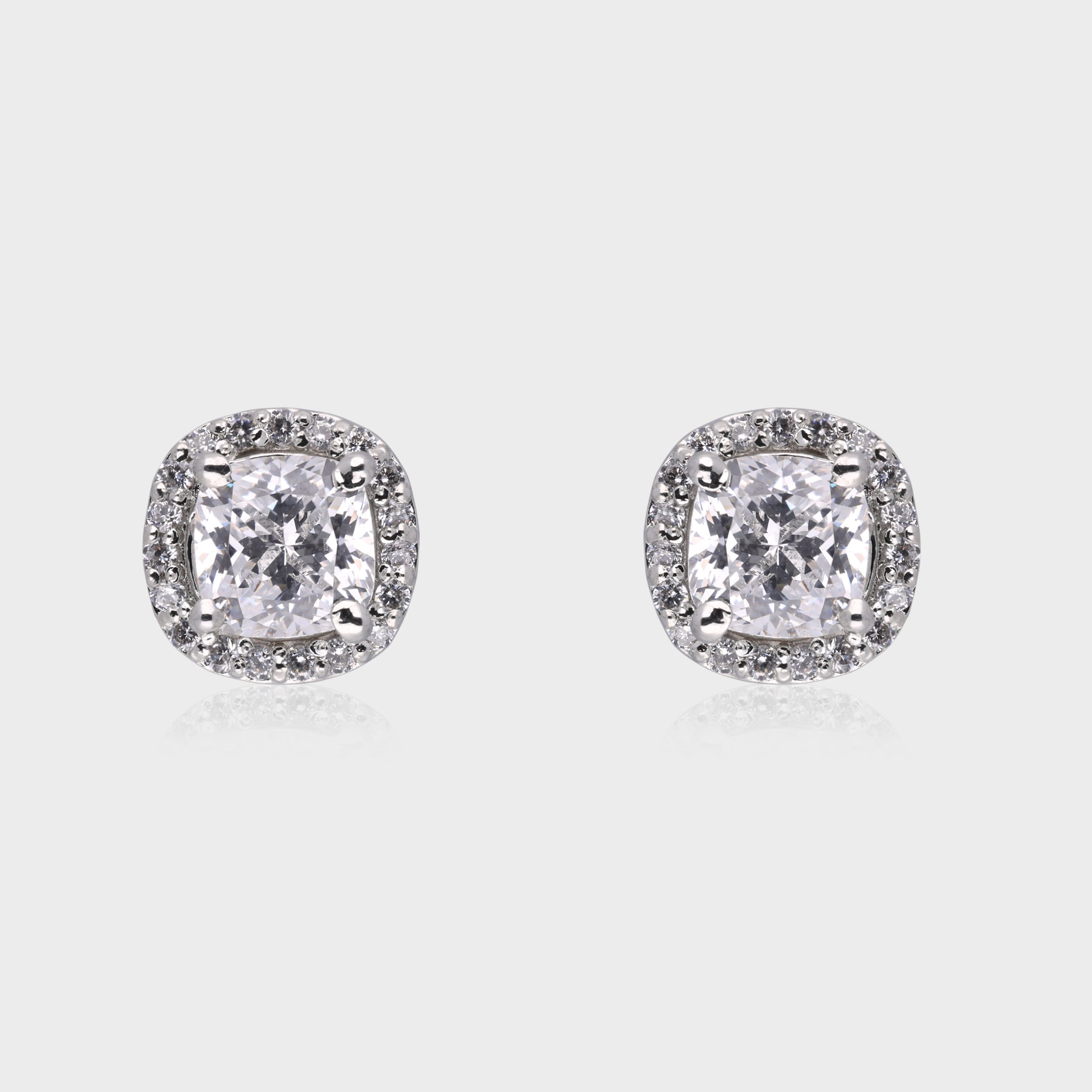 Timeless Brilliance: Cushion-Cut White Gemstone Halo Stud Earrings in Sterling Silver | SKU : 0003535066, 0021326745, 0021326752, 0021327018, 0021327025