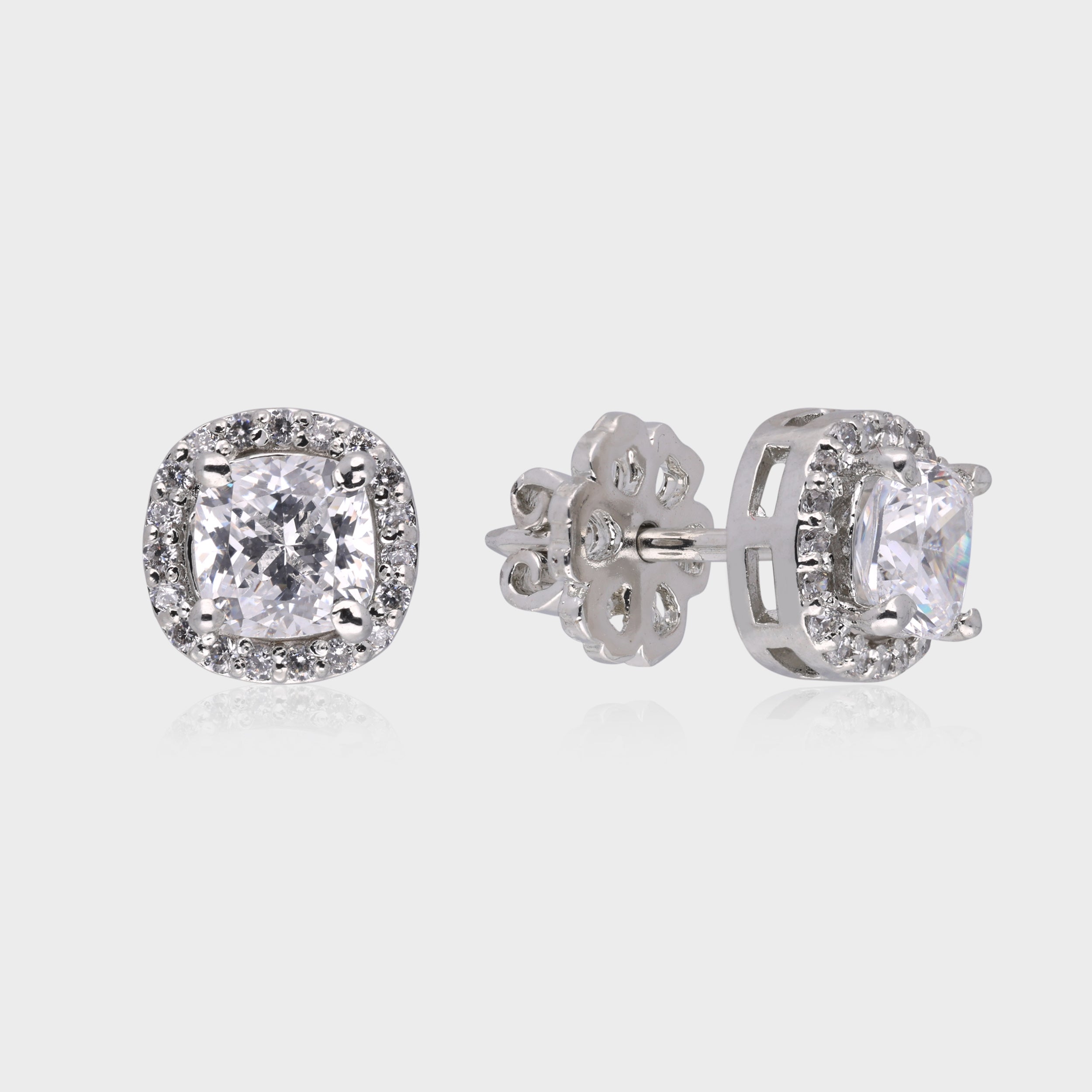 Timeless Brilliance: Cushion-Cut White Gemstone Halo Stud Earrings in Sterling Silver | SKU : 0003535066, 0021326745, 0021326752, 0021327018, 0021327025