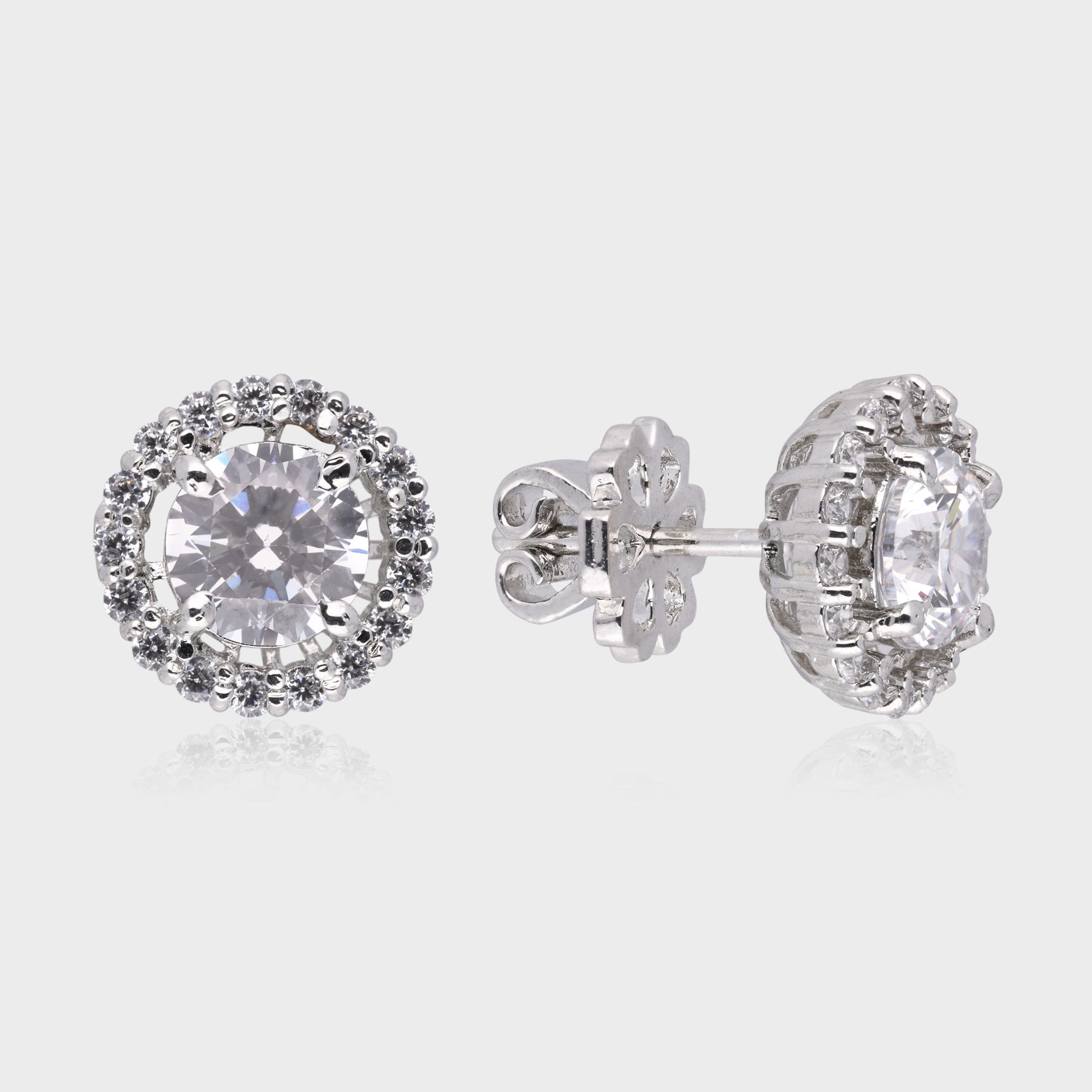 Radiant Majesty: Round-Cut White Gemstone Double Halo Stud Earrings in Sterling Silver | SKU : 0003535073, 0021327032, 0021327049