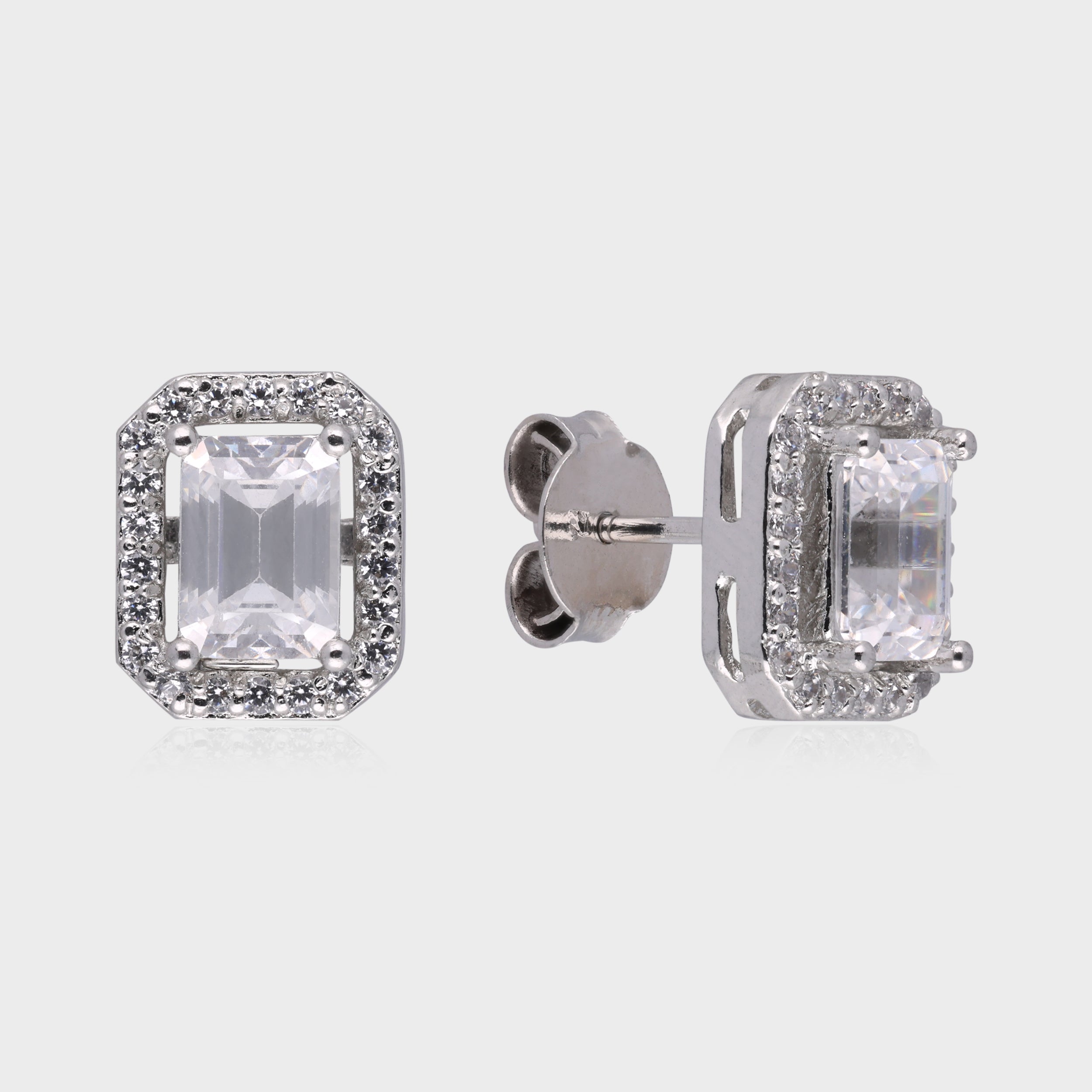 Regal Brilliance: Emerald-Cut White Gemstone Halo Stud Earrings in Sterling Silver | SKU : 0003535127, 0021327148, 0021327155