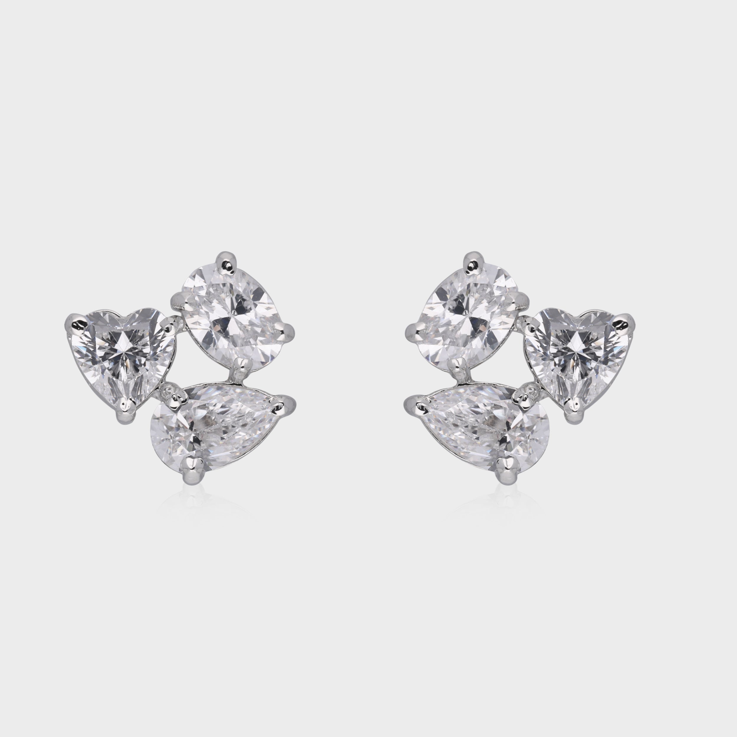 Radiant Harmony: Multi-Cut White Gemstone Cluster Stud Earrings in Sterling Silver | SKU : 0003535134, 0021327162, 0021327179