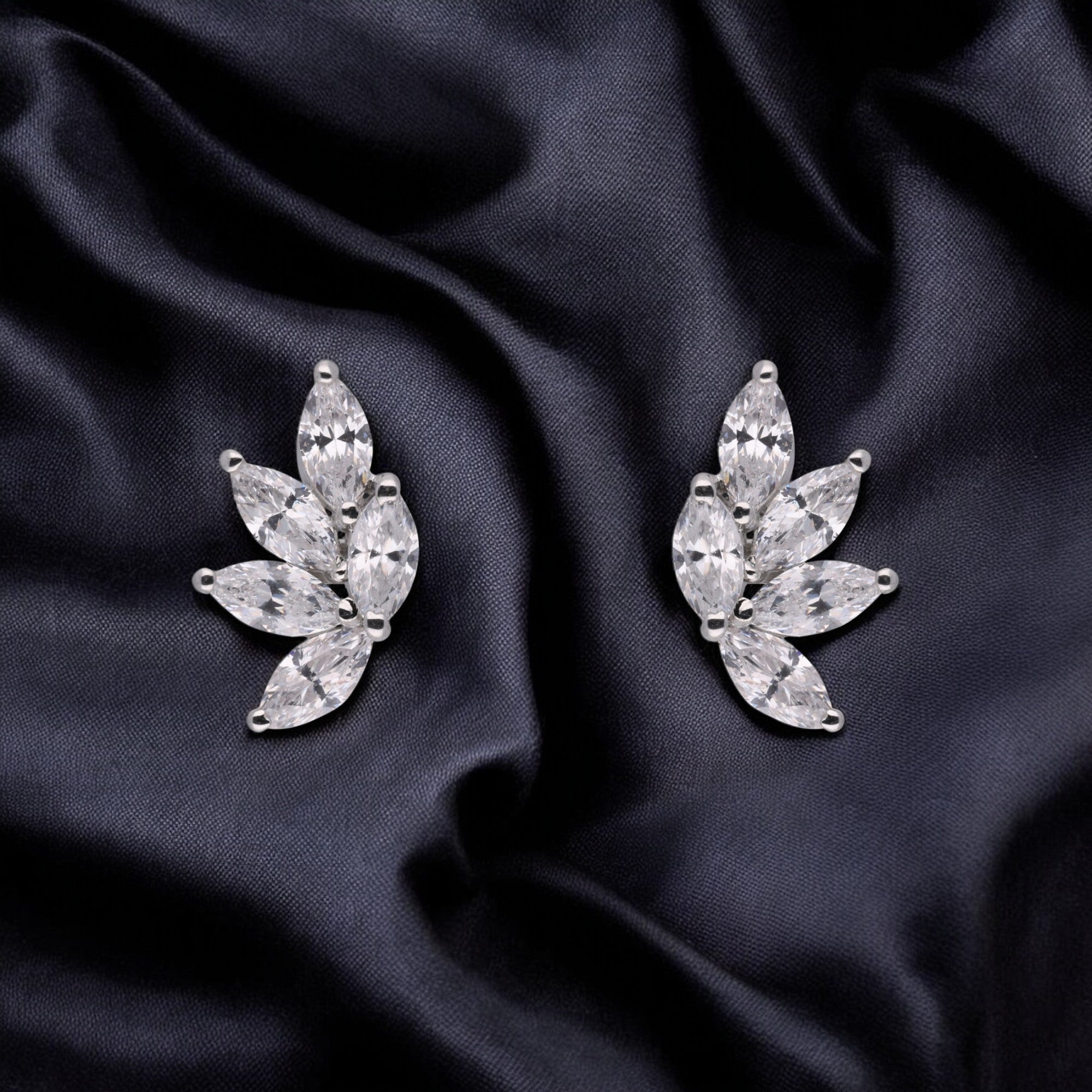 Radiant Leaf: Marquise-Cut White Gemstone Cluster Stud Earrings in Sterling Silver | SKU : 0003535158, 0021327209, 0021327216