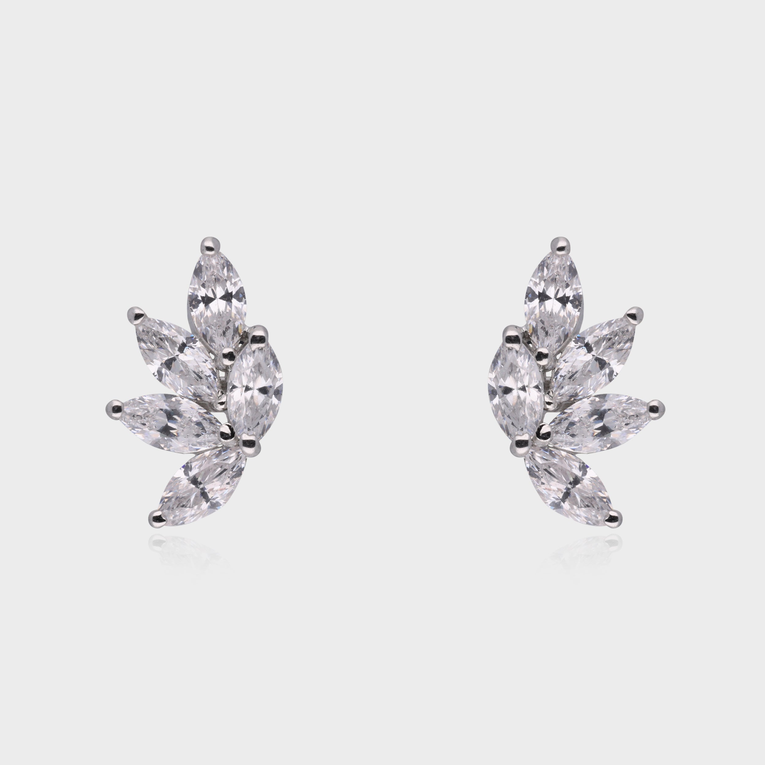 Radiant Leaf: Marquise-Cut White Gemstone Cluster Stud Earrings in Sterling Silver | SKU : 0003535158, 0021327209, 0021327216