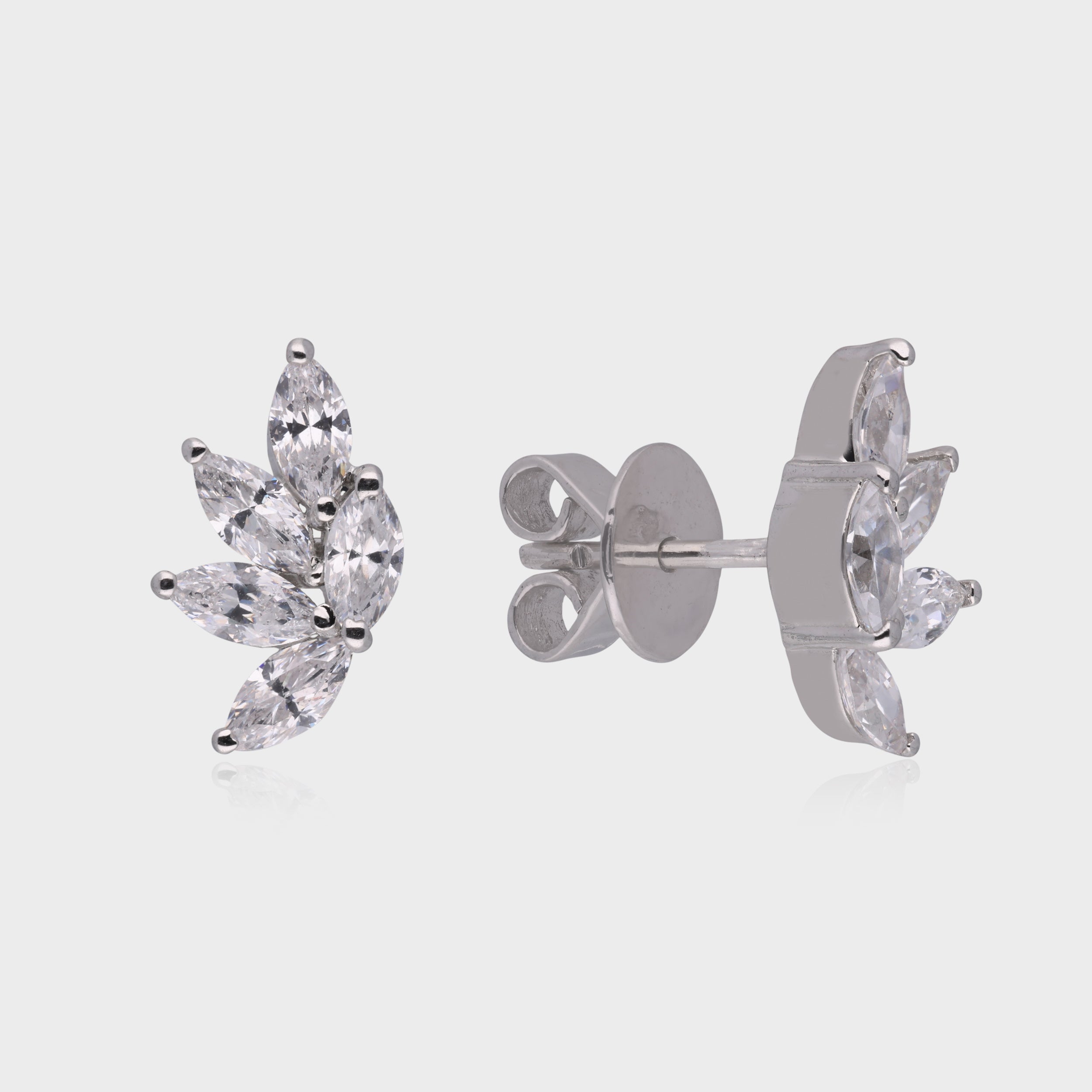 Radiant Leaf: Marquise-Cut White Gemstone Cluster Stud Earrings in Sterling Silver | SKU : 0003535158, 0021327209, 0021327216