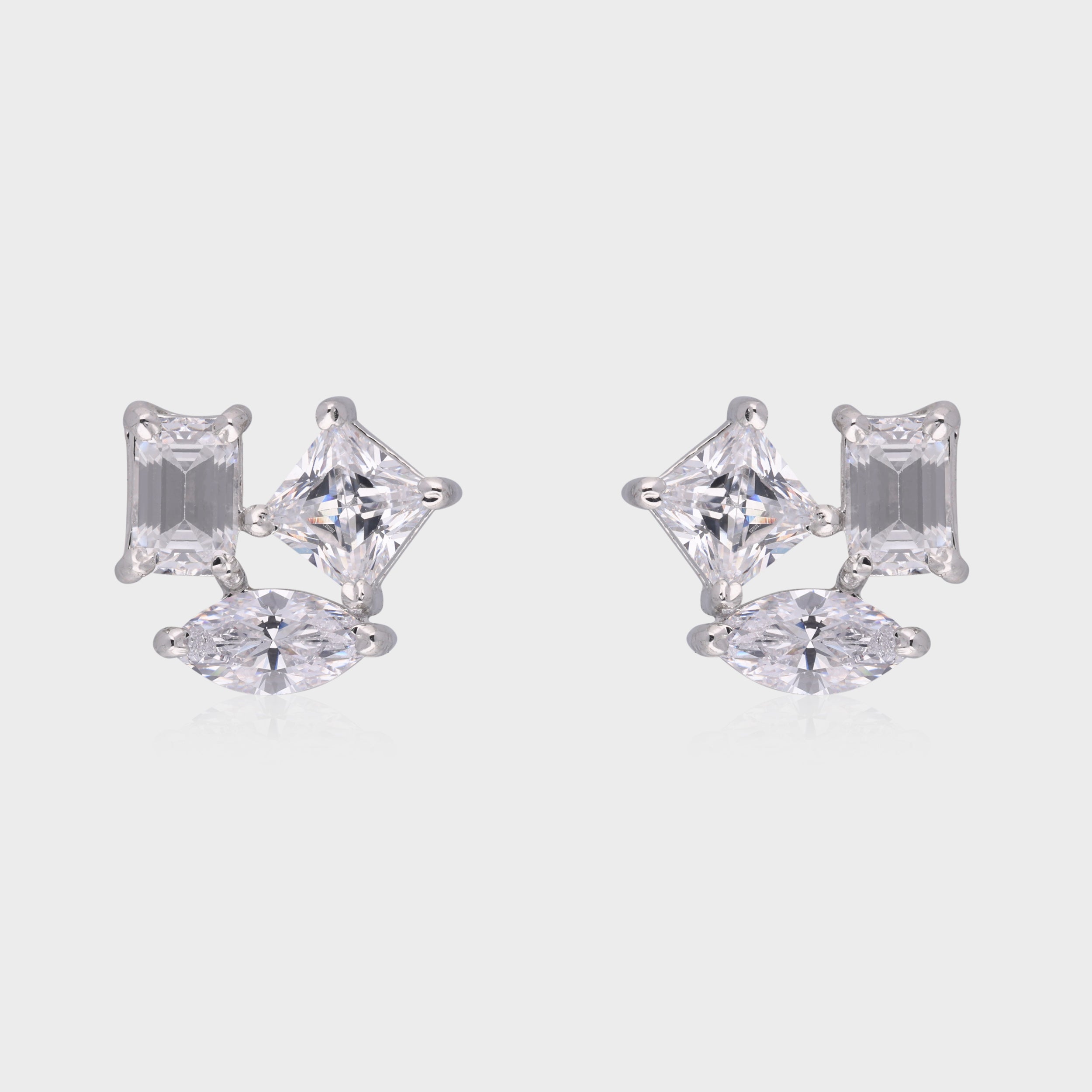 Geometric Brilliance: Multi-Cut White Gemstone Cluster Stud Earrings in Sterling Silver | SKU : 0003535165, 0021327223, 0021327230