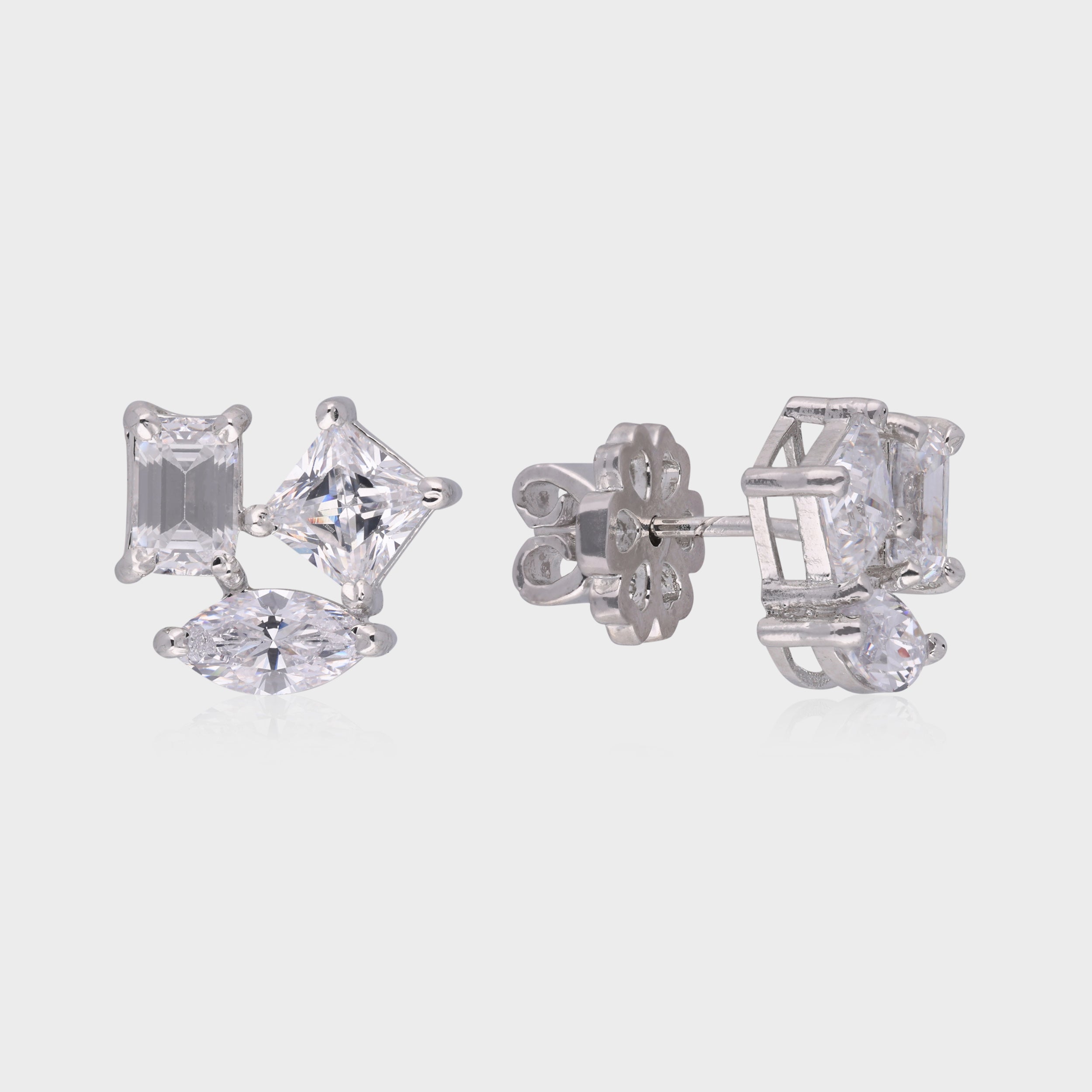 Geometric Brilliance: Multi-Cut White Gemstone Cluster Stud Earrings in Sterling Silver | SKU : 0003535165, 0021327223, 0021327230