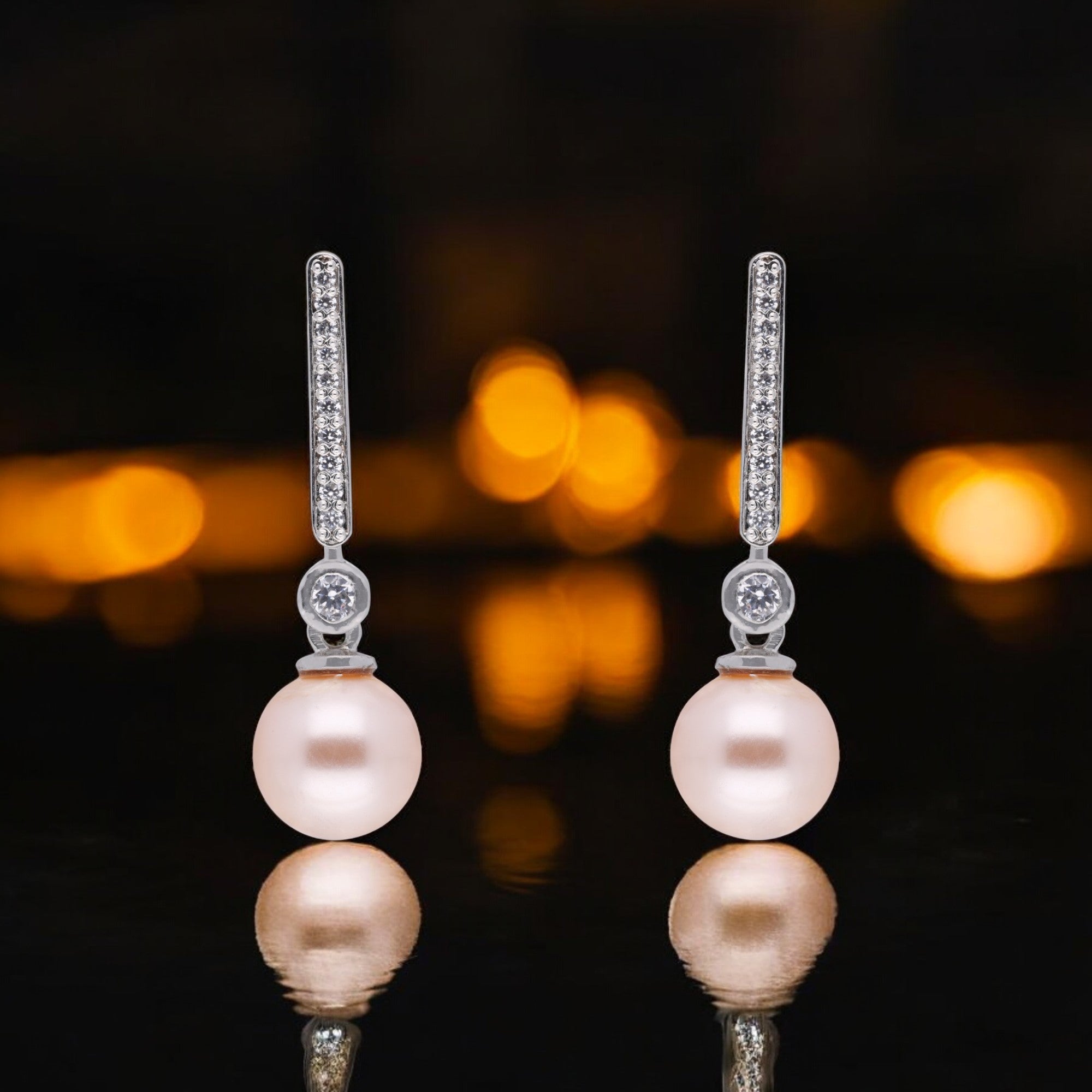 Elegant Pearl Drop Earrings with Pave Diamonds in Silver | SKU : 0003535233, 0021327360, 0021327377