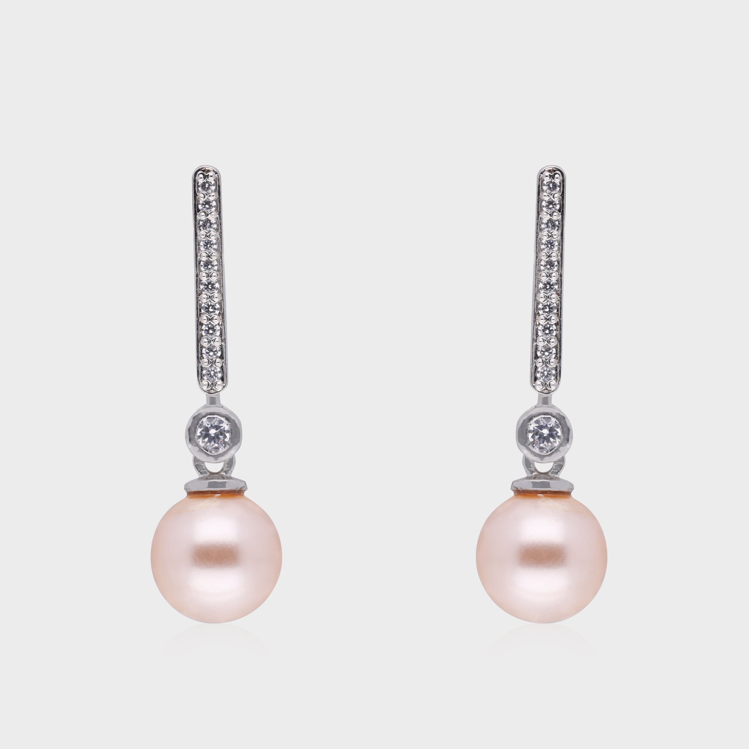 Elegant Pearl Drop Earrings with Pave Diamonds in Silver | SKU : 0003535233, 0021327360, 0021327377