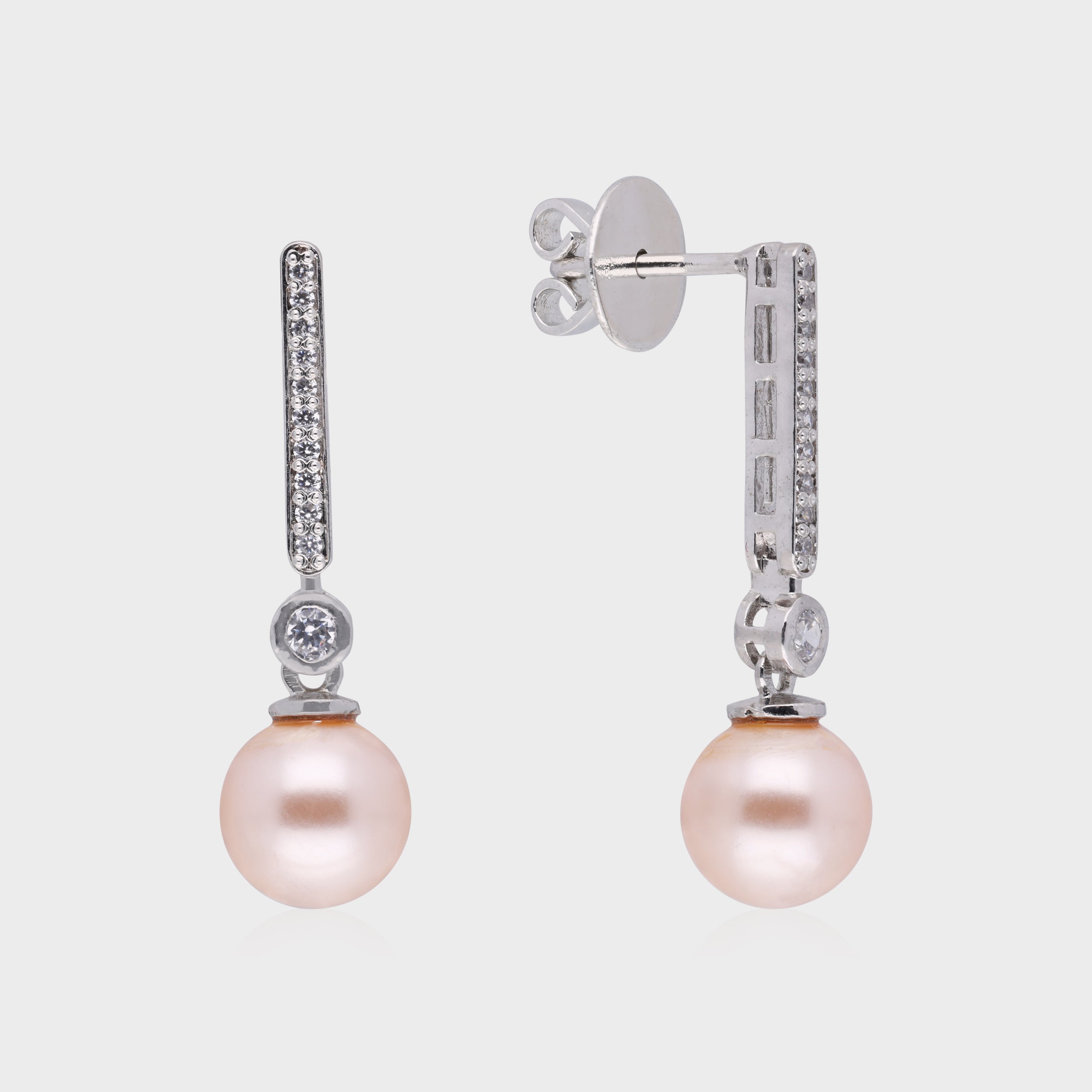 Elegant Pearl Drop Earrings with Pave Diamonds in Silver | SKU : 0003535233, 0021327360, 0021327377