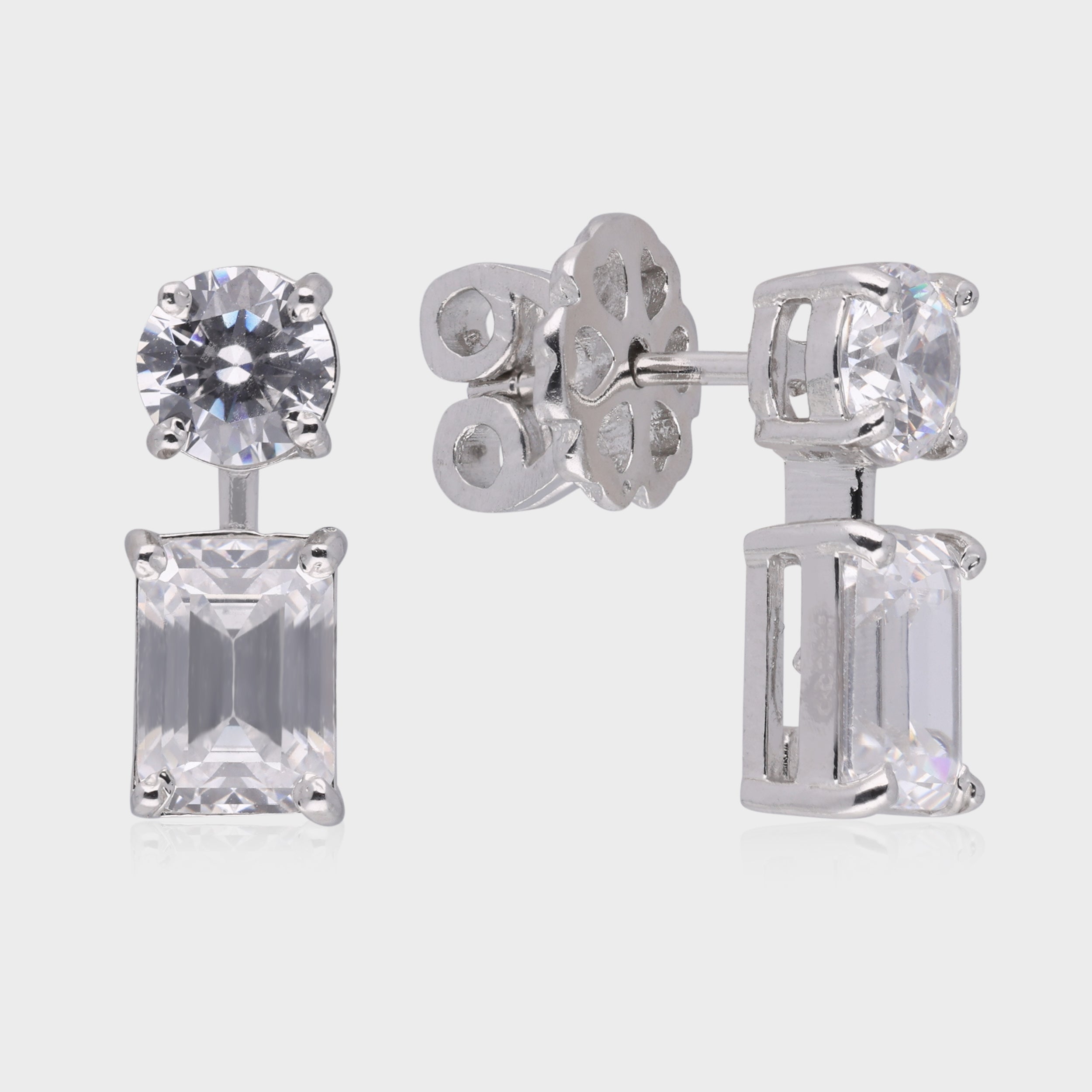 Classic Round & Emerald Cut Diamond Earrings in Silver | SKU : 0003535264, 0021327476, 0021327483