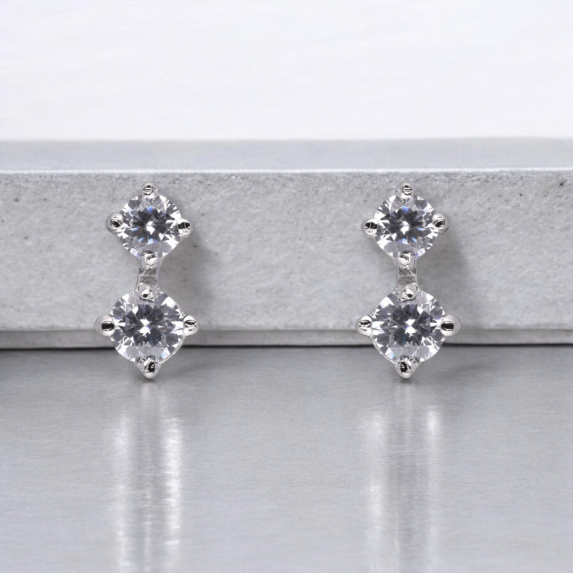 Classic 925 Sterling Silver Double Stone Stud Earrings with Cubic Zirconia  | SKU : 0003535547