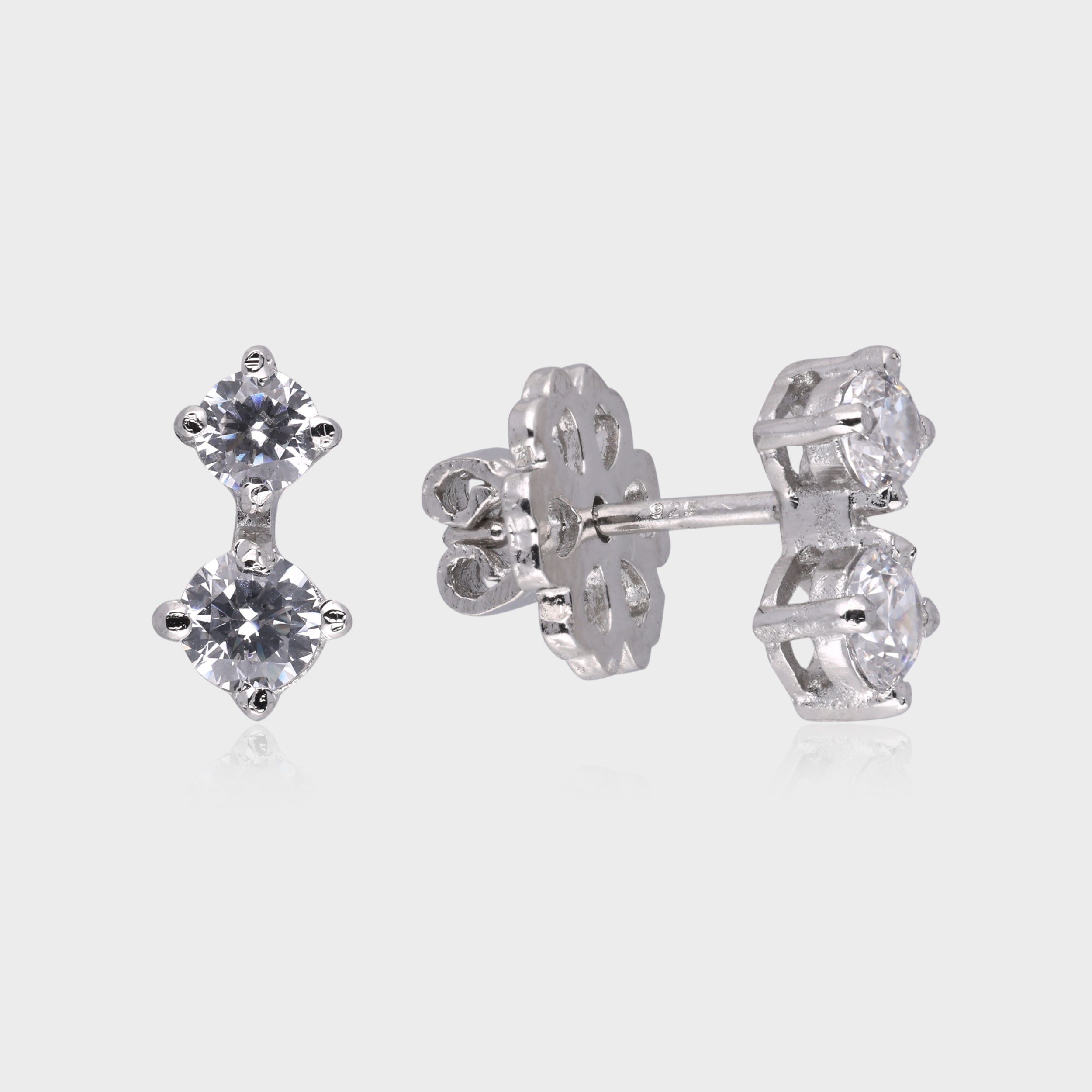 Classic 925 Sterling Silver Double Stone Stud Earrings with Cubic Zirconia  | SKU : 0003535547