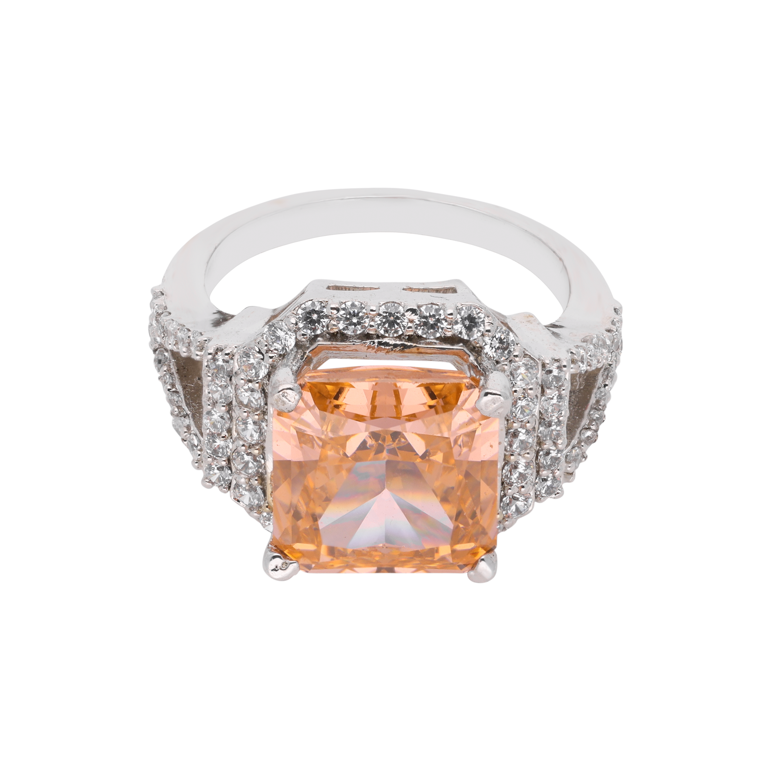 Sterling Silver Ring with Radiant Amber-Hued Stone & Sparkling Accents | SKU : 0003578896