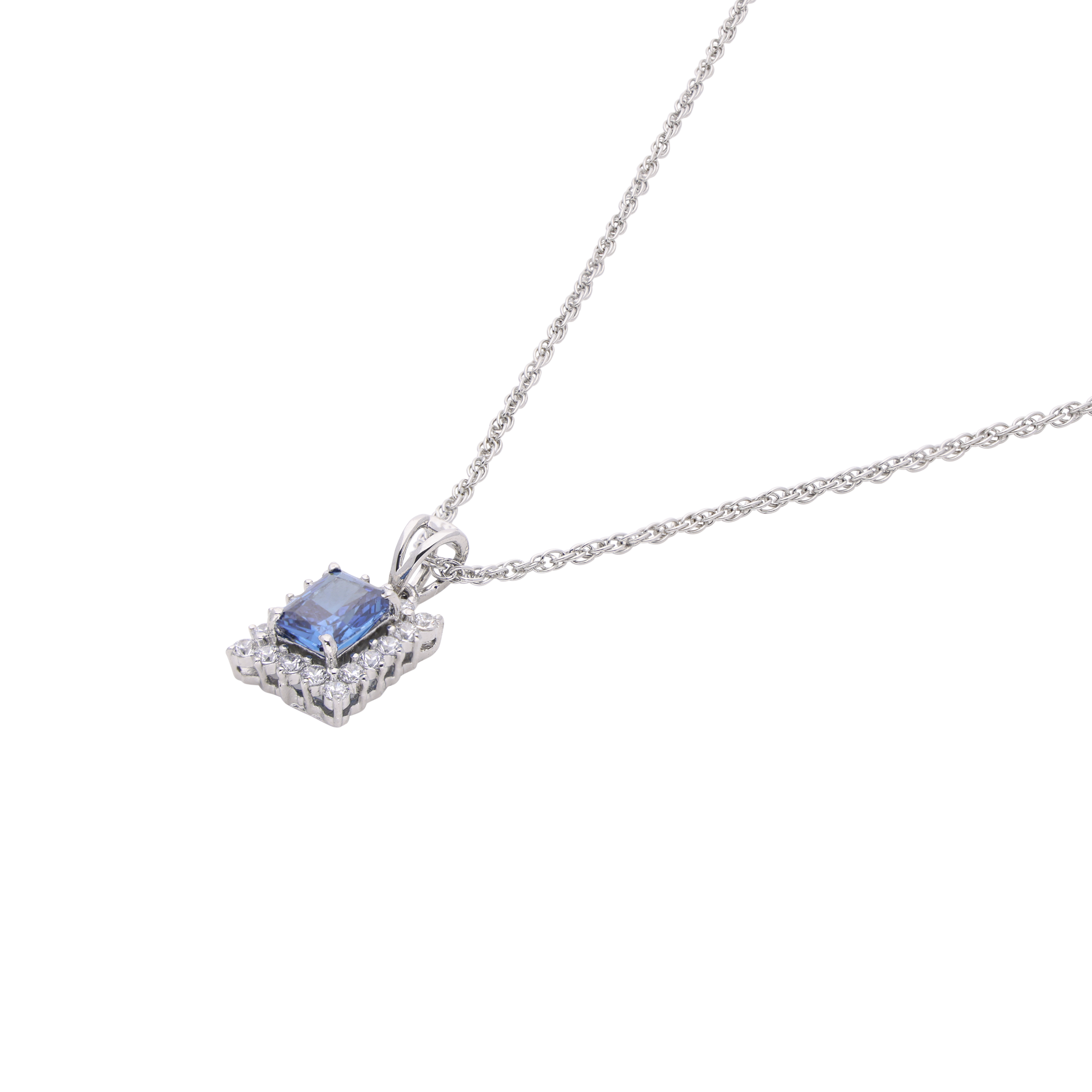 Sterling Silver Pendant Necklace with Blue Emerald-Cut Stone | SKU : 0003579046