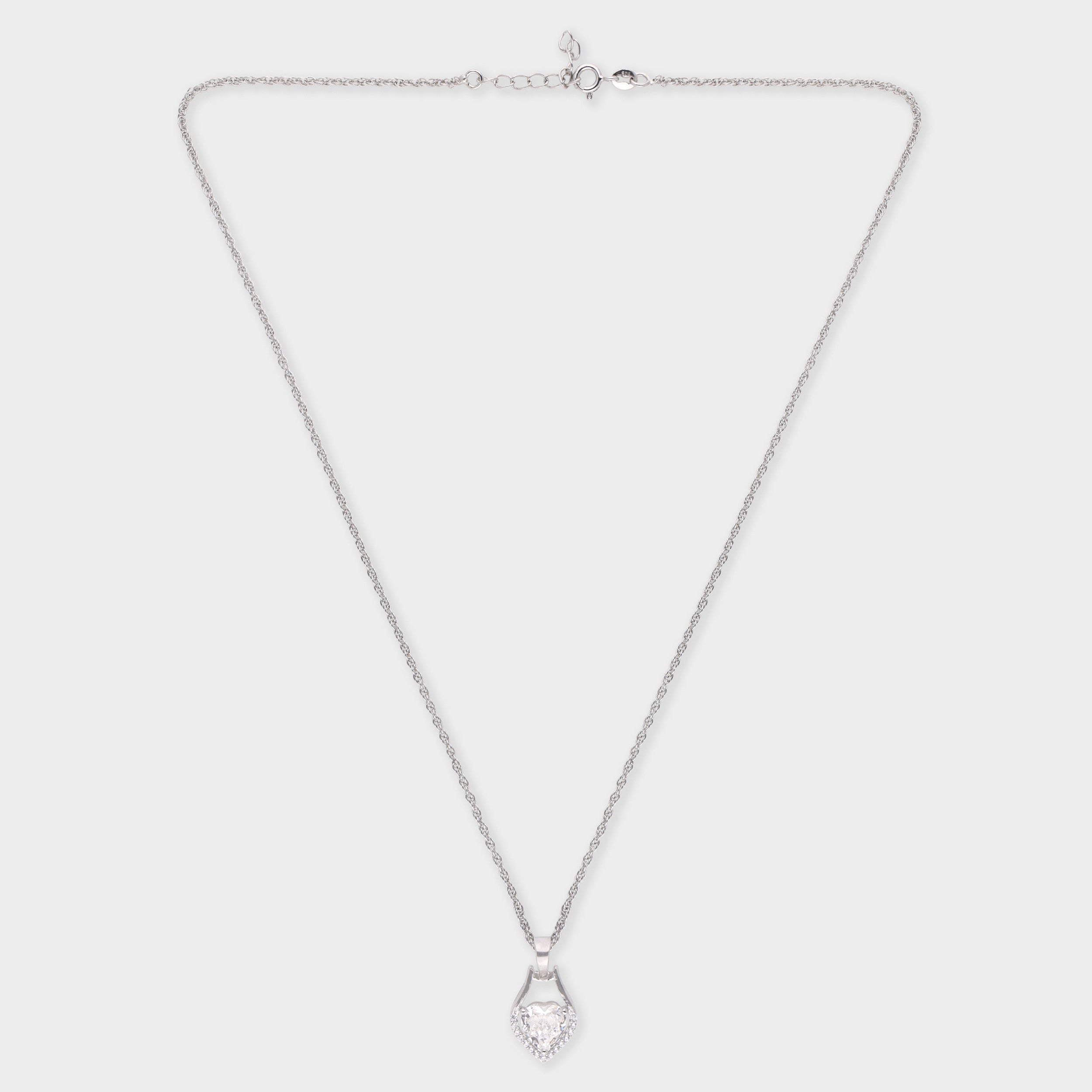 Heart-Cut Stone Halo Pendant Necklace in Silver Tone | SKU : 0003579060
