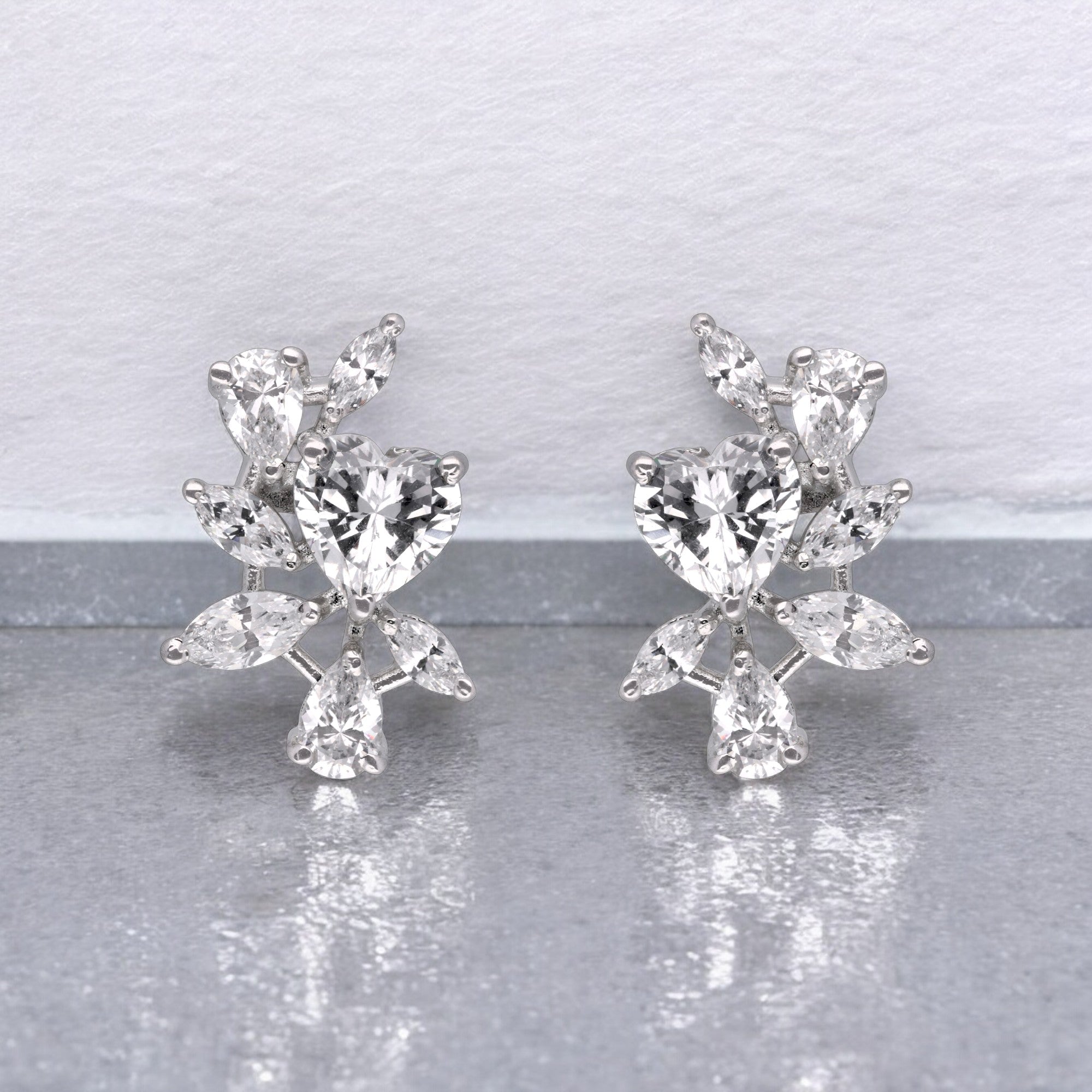 Silver Heart & Leaf Cluster Stud Earrings | SKU : 0003594247, 0003594254, 0021455865, 0021455858