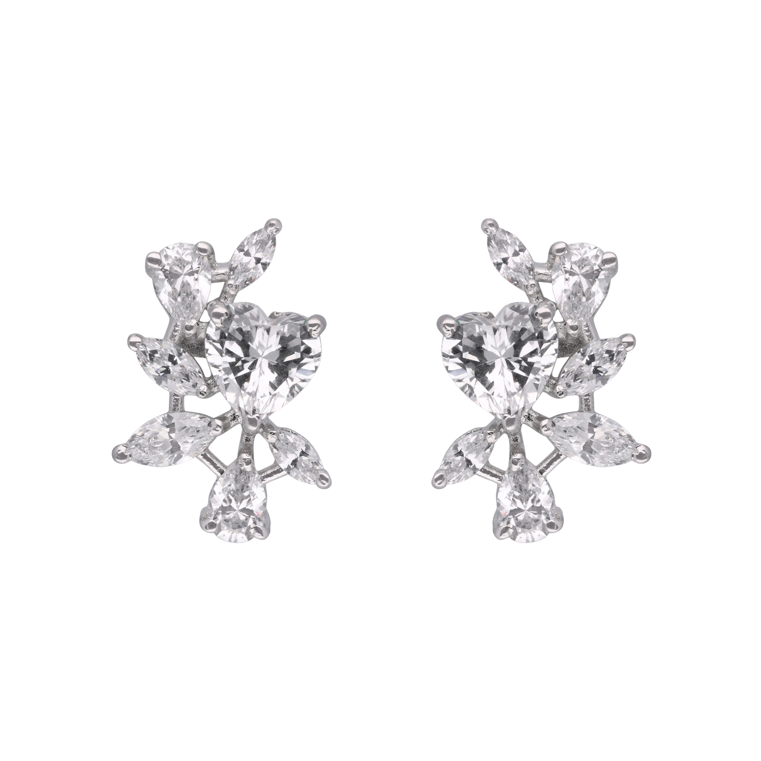 Silver Heart & Leaf Cluster Stud Earrings | SKU : 0003594247, 0003594254, 0021455865, 0021455858