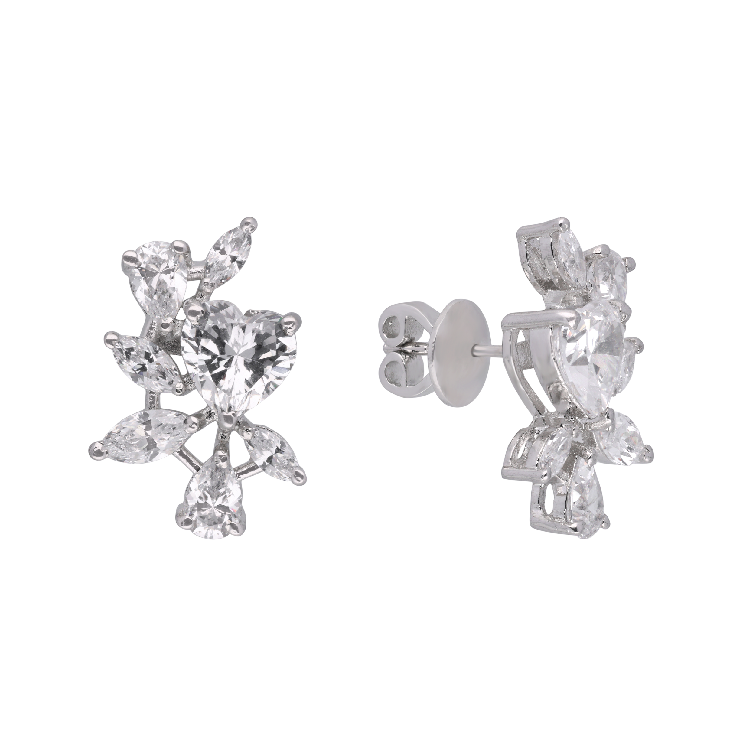 Silver Heart & Leaf Cluster Stud Earrings | SKU : 0003594247, 0003594254, 0021455865, 0021455858