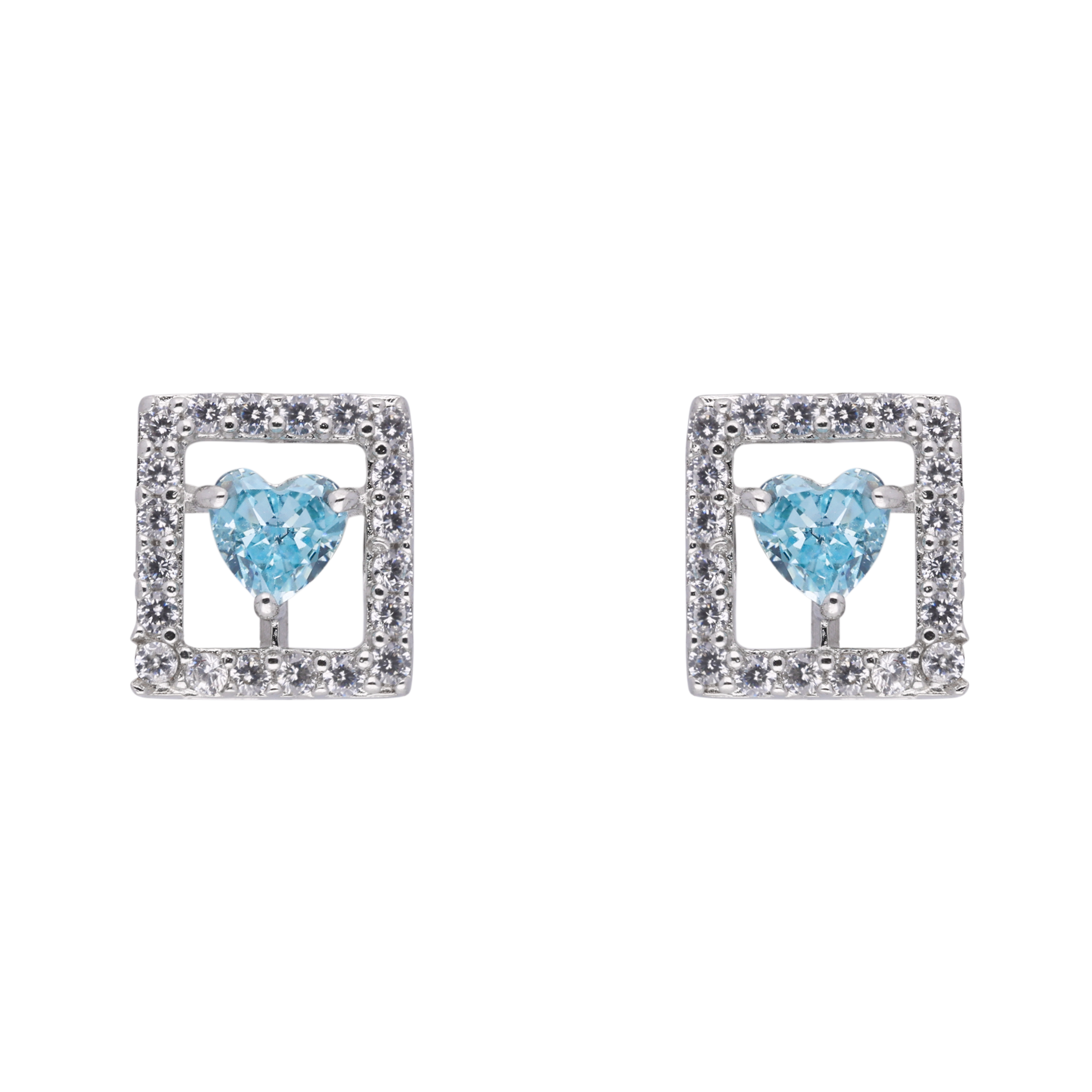 Radiant Blue Heart Stud Earrings in a Square Frame | SKU : 0003594315, 0021456008, 0021455988, 0021455995