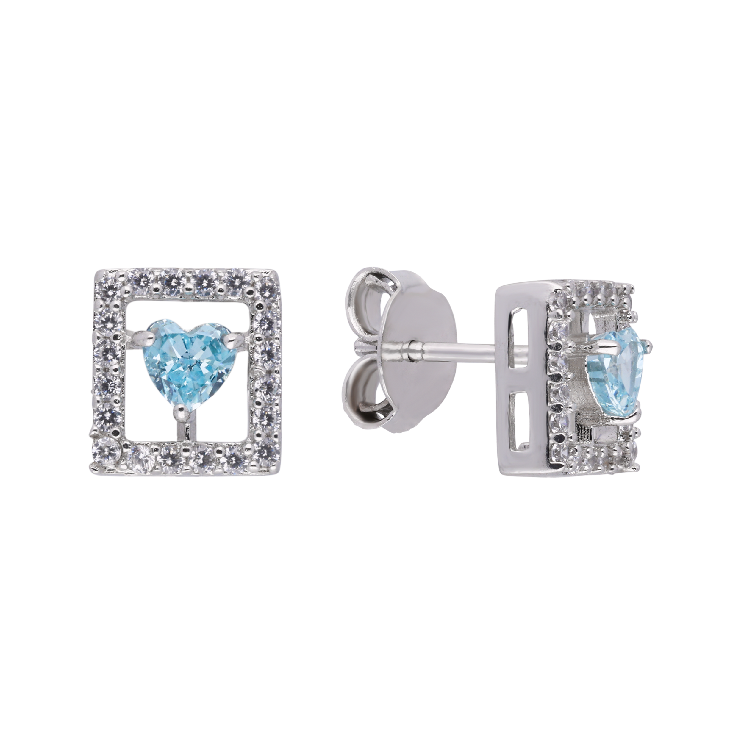 Radiant Blue Heart Stud Earrings in a Square Frame | SKU : 0003594315, 0021456008, 0021455988, 0021455995