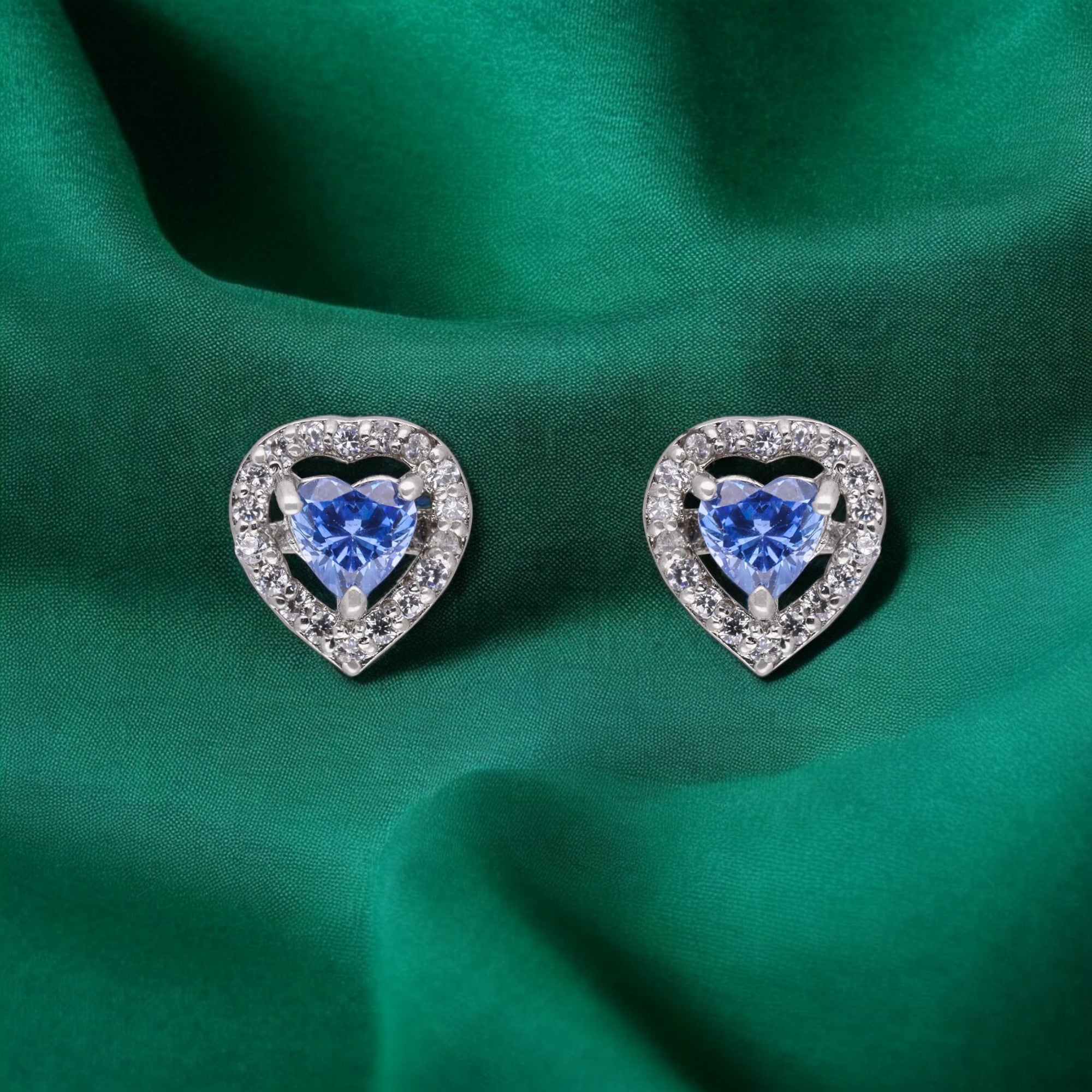 Elegant Blue Heart Stud Earrings with Halo Accents | SKU : 0003594339, 0021456053, 0021456046, 0021456060