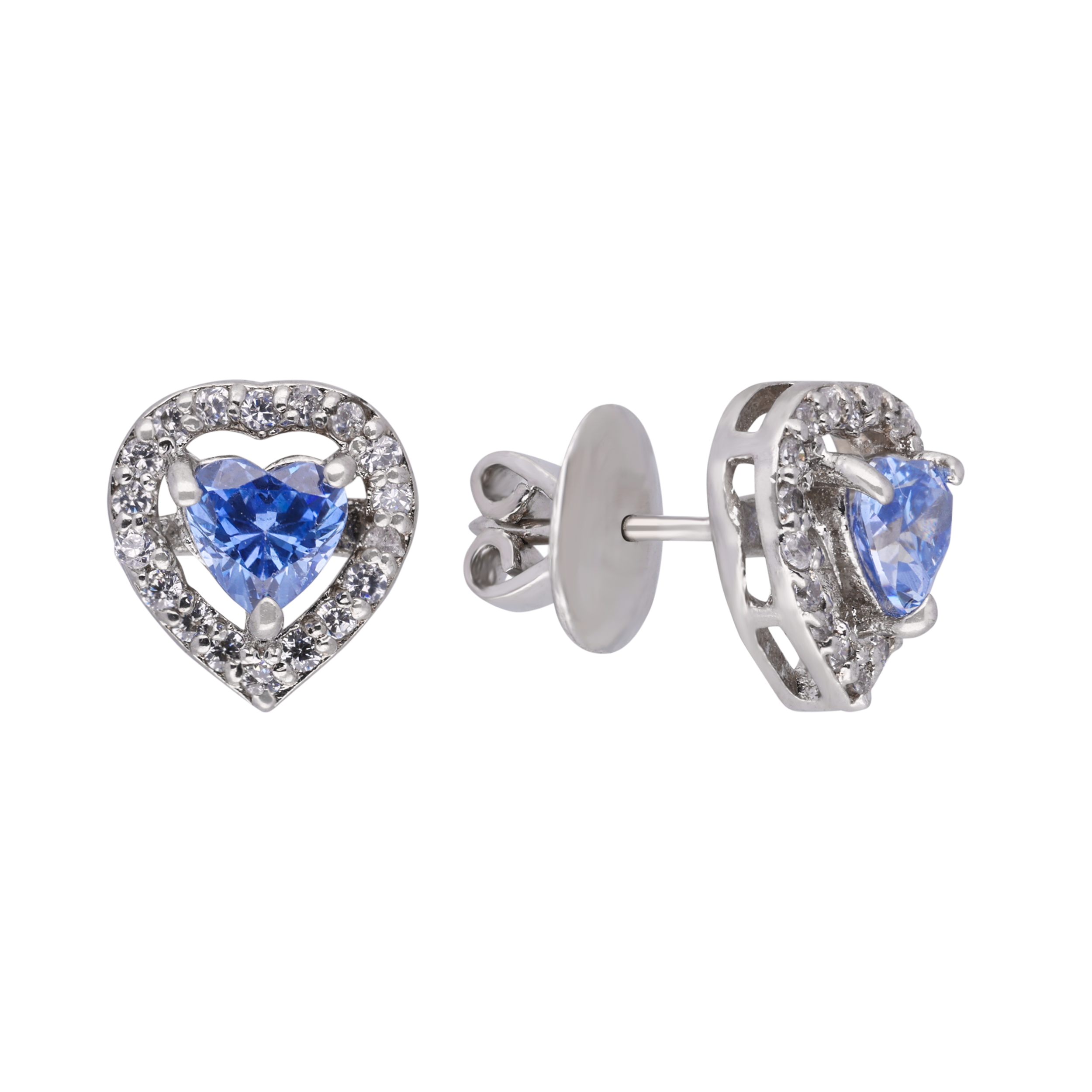 Elegant Blue Heart Stud Earrings with Halo Accents | SKU : 0003594339, 0021456053, 0021456046, 0021456060