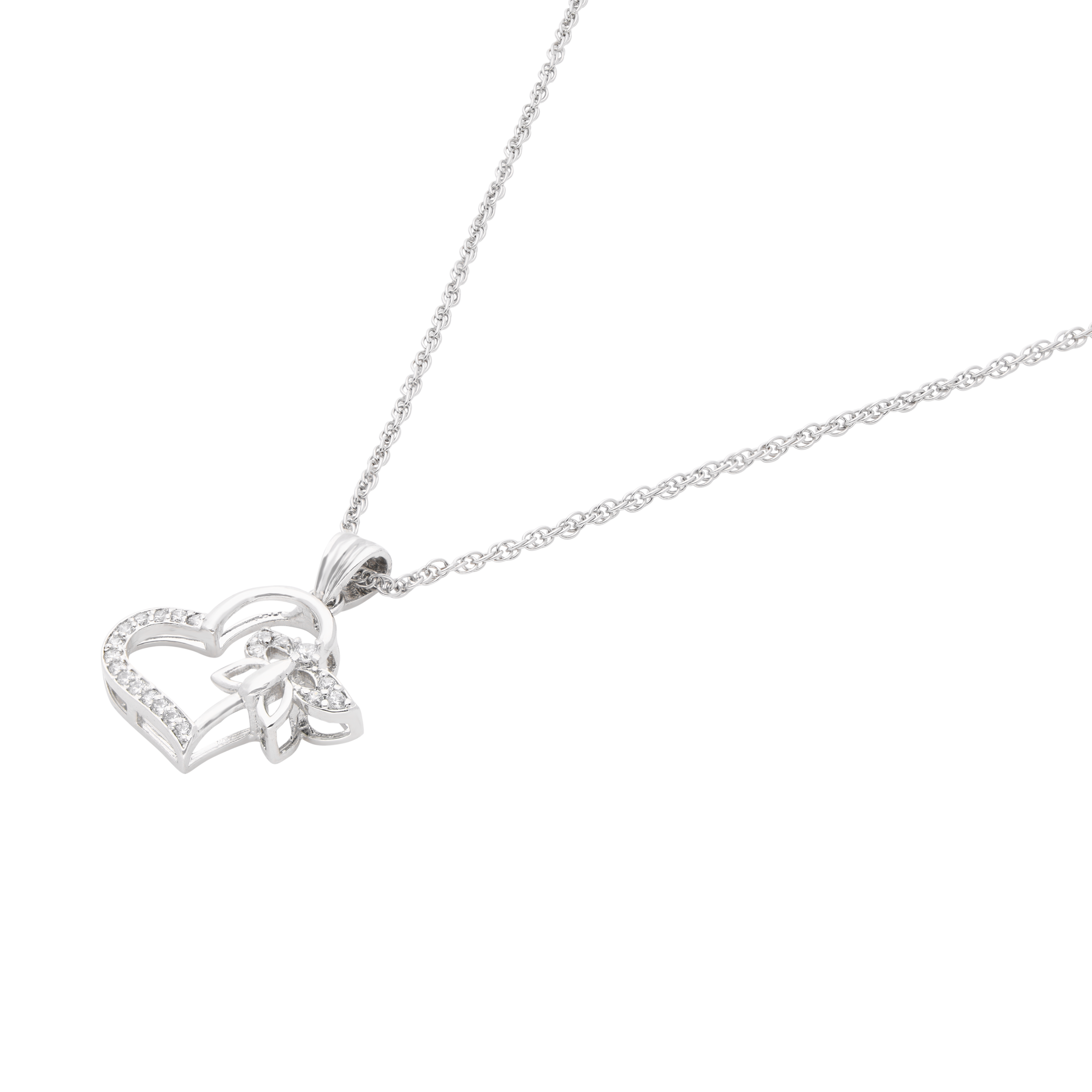 Silver Heart Pendant Necklace with Delicate Bow Accent | SKU : 0003594490, 0003594469, 0021456442, 0021456459