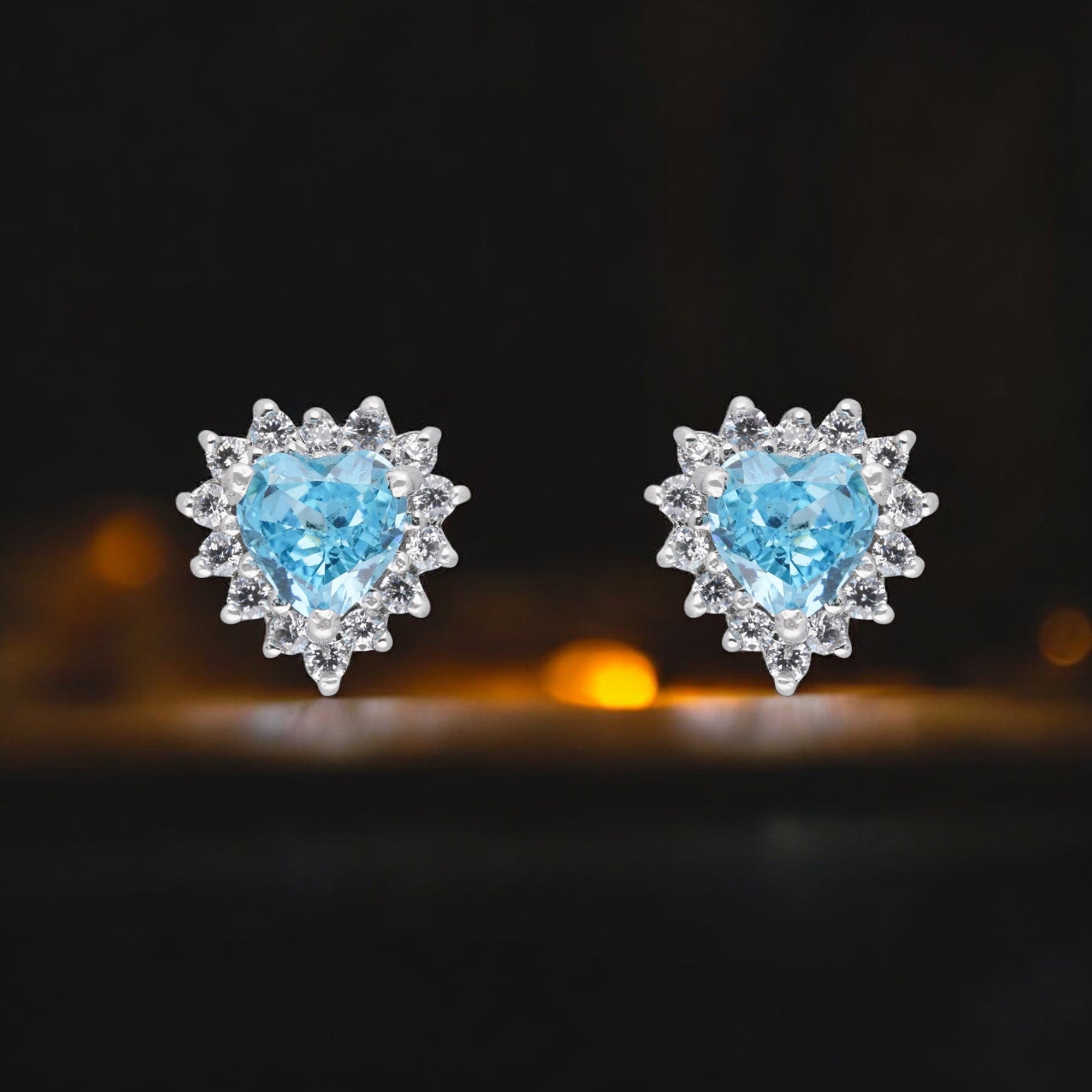 Radiant Blue Heart Halo Stud Earrings | SKU : 0003594582, 0021456640
