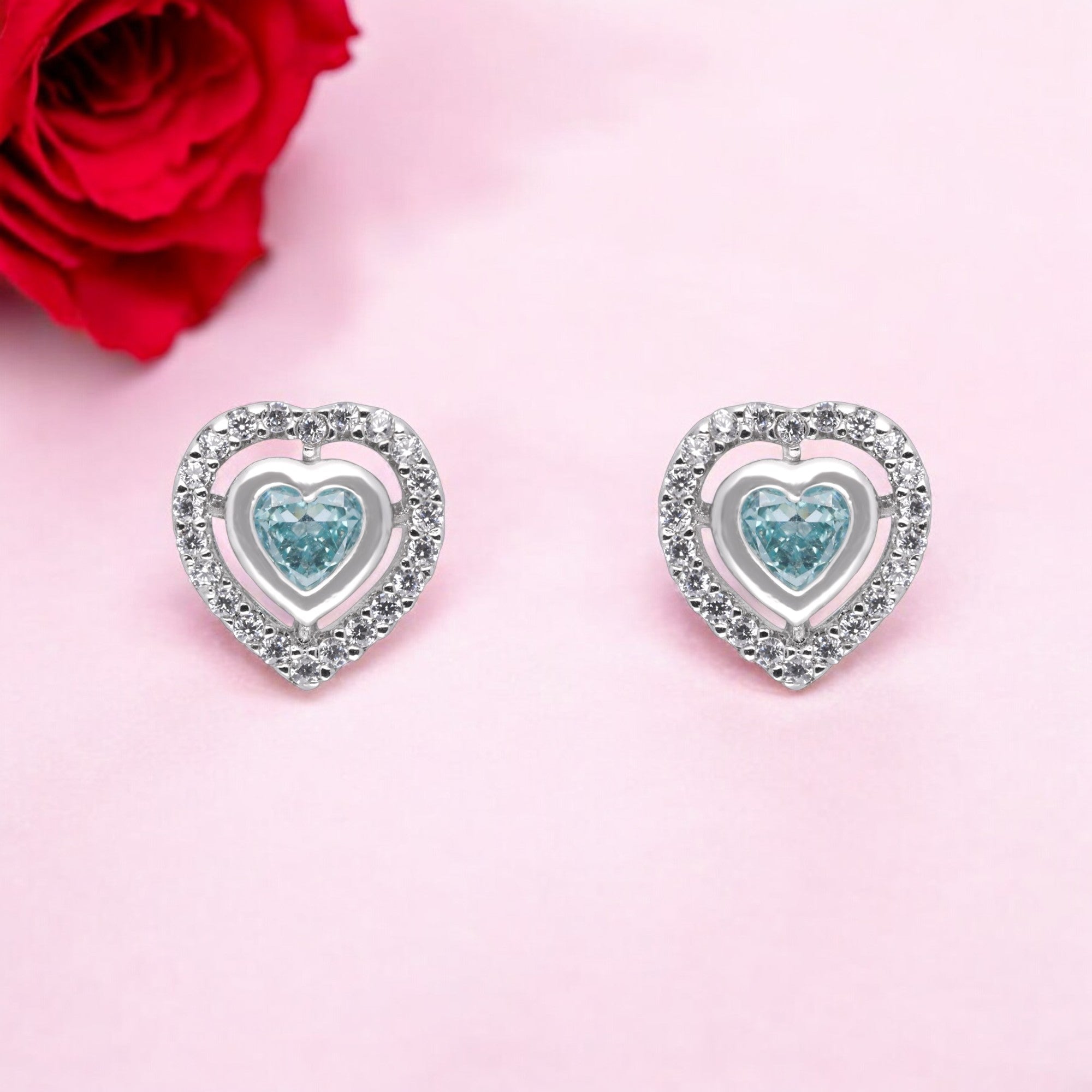 Blue Heart Halo Stud Earrings | SKU : 0003594612, 0021456725