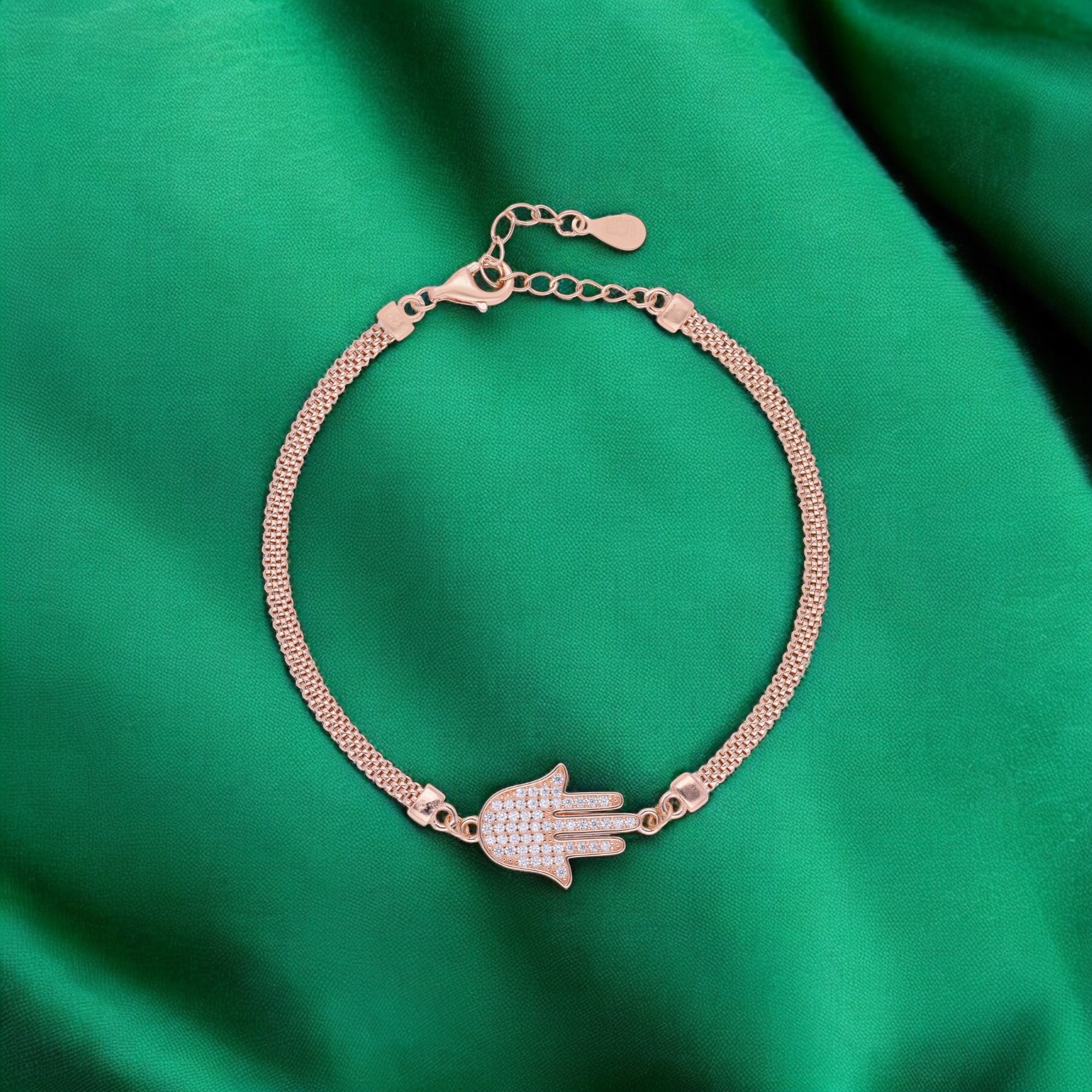 Rose-Toned Mesh Bracelet with Pavé Hamsa Hand Charm for Protection & Style | SKU : 0003624098, 0021525810