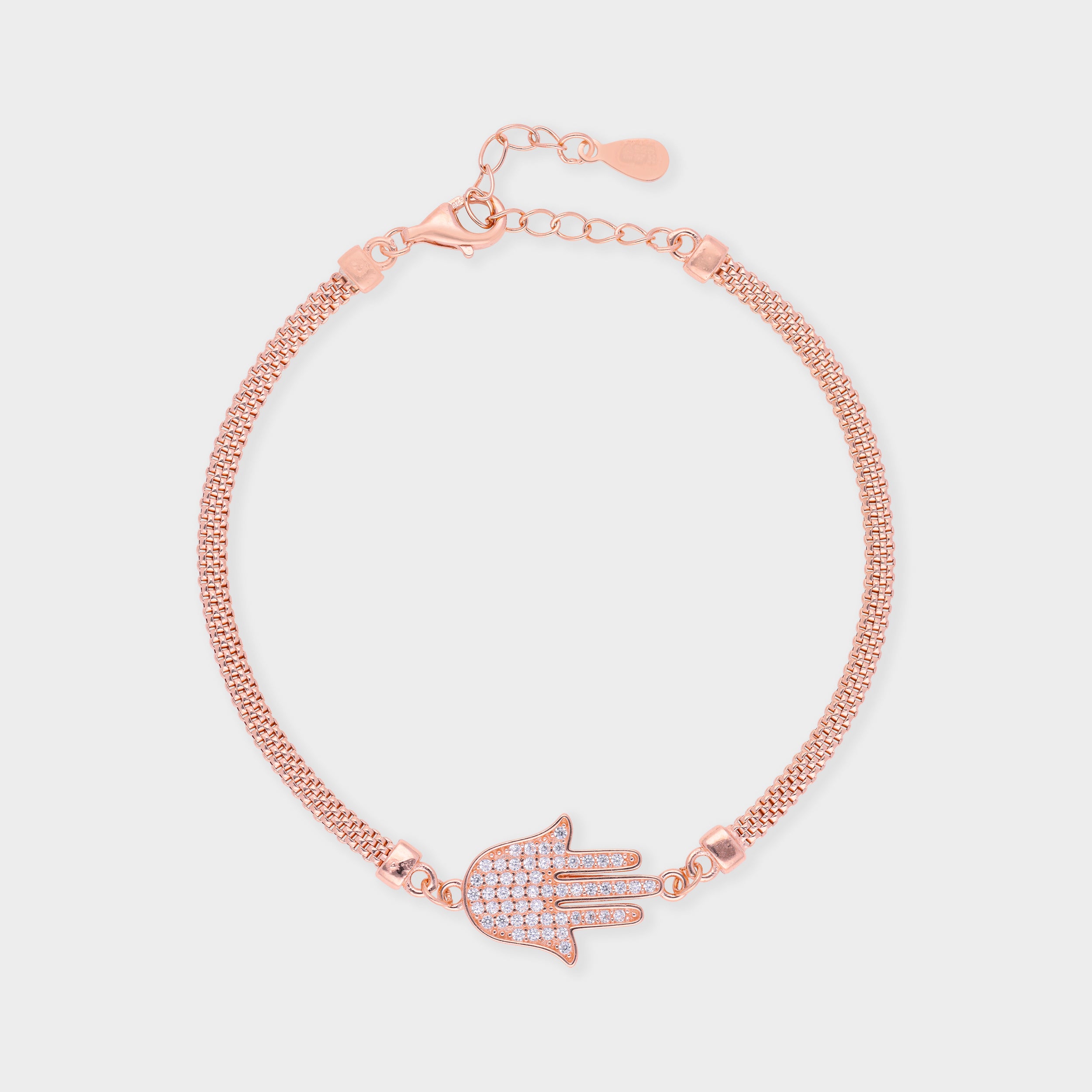 Rose-Toned Mesh Bracelet with Pavé Hamsa Hand Charm for Protection & Style | SKU : 0003624098, 0021525810