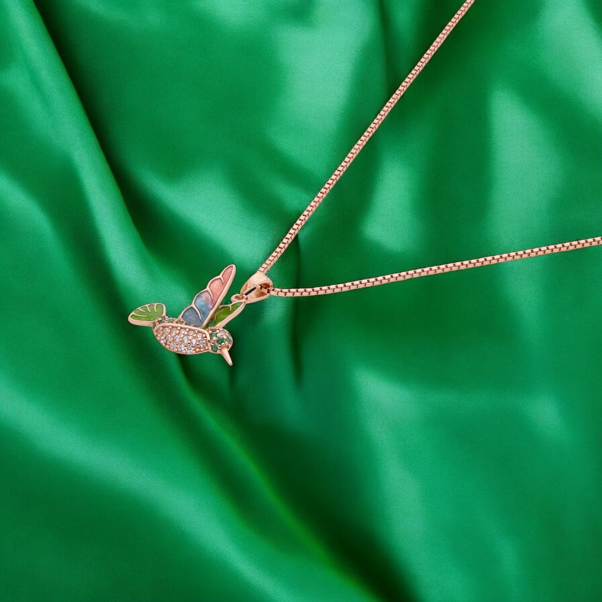 Rose Gold Hummingbird Pendant Necklace with Vibrant Enamel & Stone Accents | SKU : 0003630891, 0021546358, 0021546341