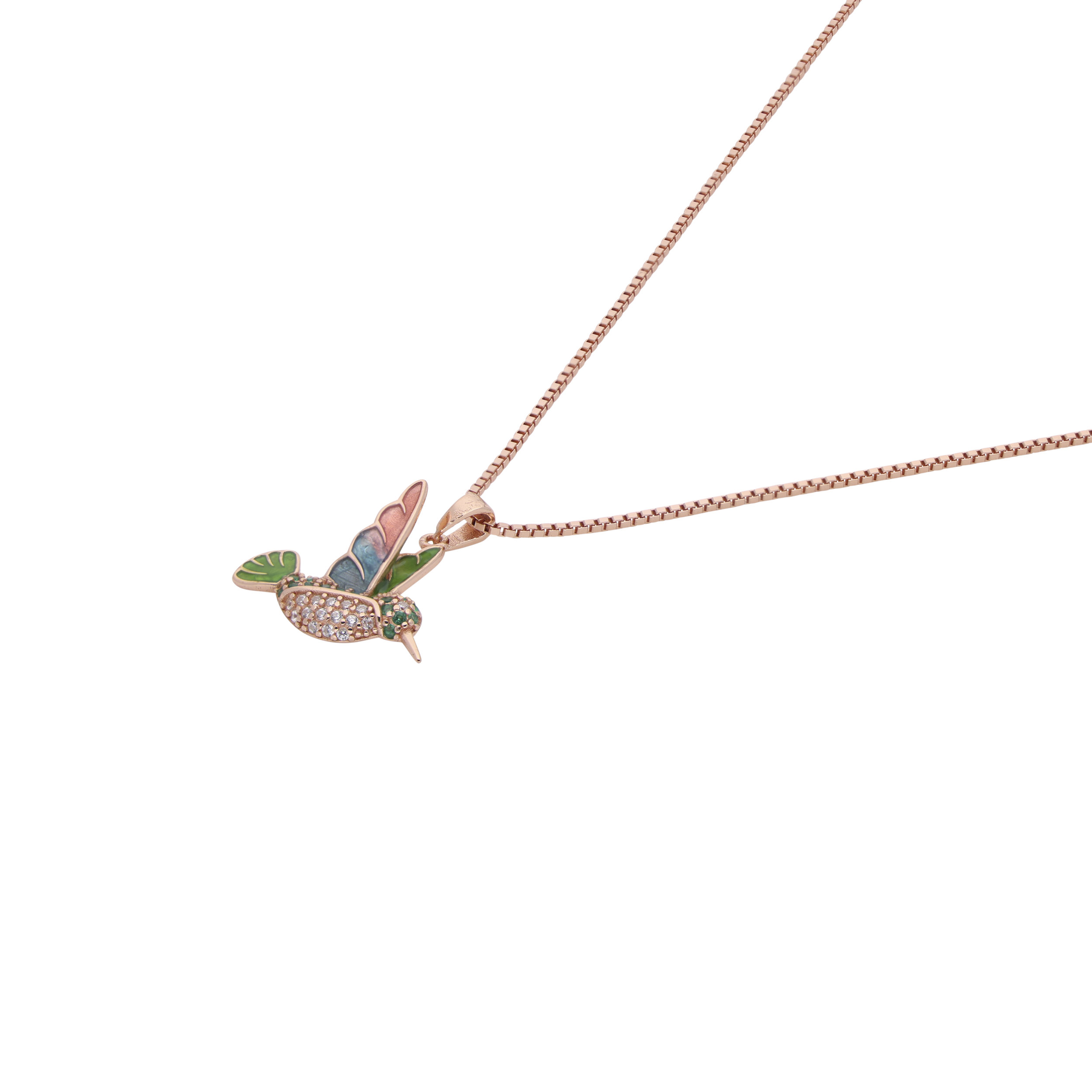 Rose Gold Hummingbird Pendant Necklace with Vibrant Enamel & Stone Accents | SKU : 0003630891, 0021546358, 0021546341