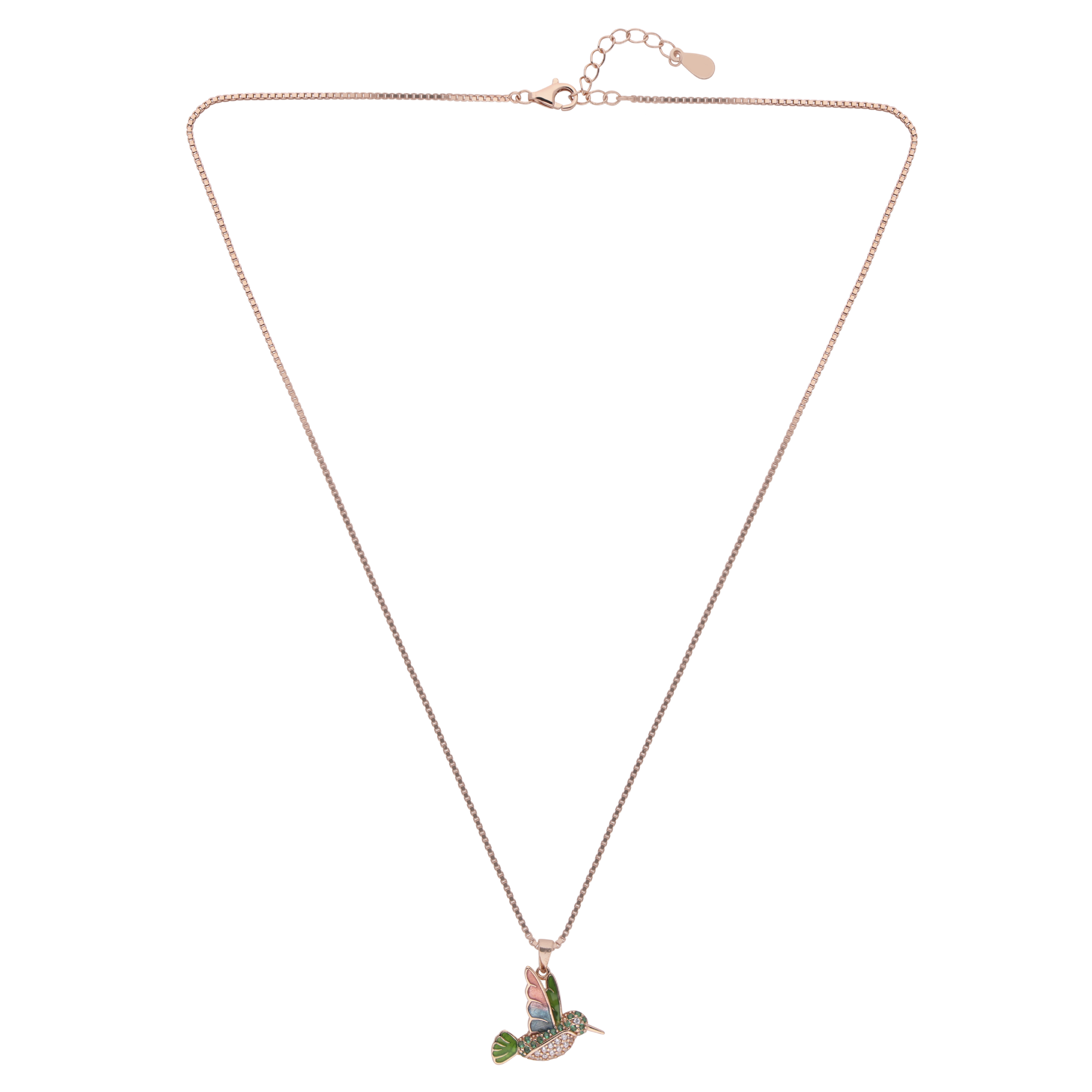 Rose Gold Hummingbird Pendant Necklace with Vibrant Enamel & Stone Accents | SKU : 0003630891, 0021546358, 0021546341