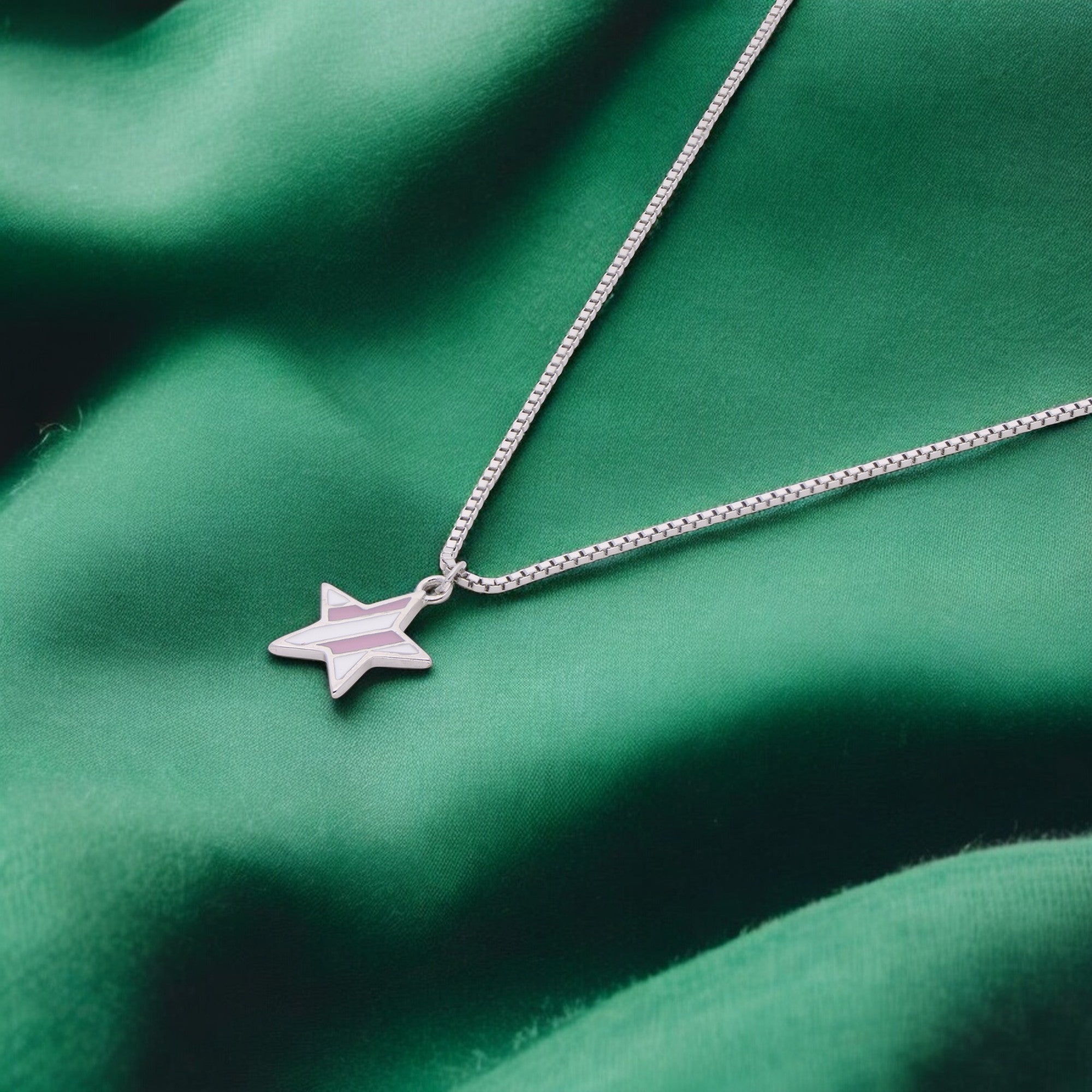 Sterling Silver Star Pendant Necklace with Soft Pink Enamel Accent | SKU : 0003630907, 0021546389